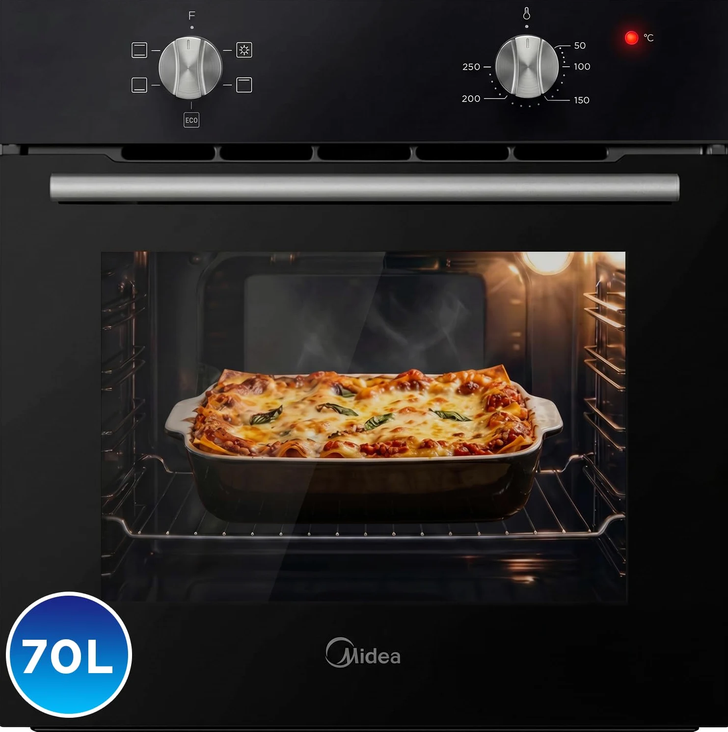 Midea Horno Electrico Empotrable Convencional de 70L y 2100W - Horno Integrable Negro con 4 funciones, Modo ECO - Hornos con Luz Led de Bajo Consumo, Puerta Doble Cristal, Bandeja Universal, y Rejilla