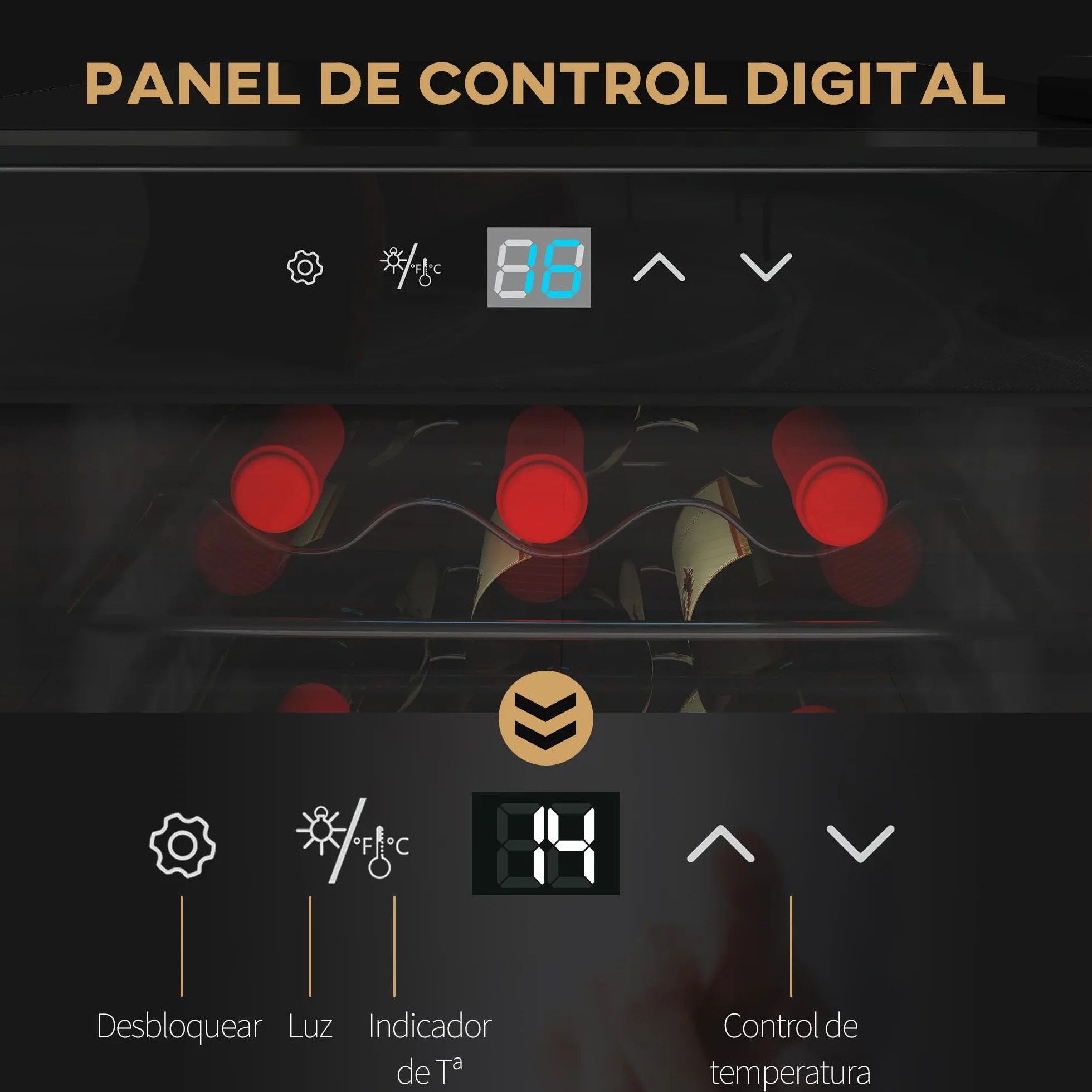 HOMCOM Nevera Vinos 18 Botellas 50L Vinoteca con Luz LED Interior Pantalla LED Táctil Digital Control de Temperatura Puerta de Vidrio Anti-UV y 5 Estantes de Metal Negro