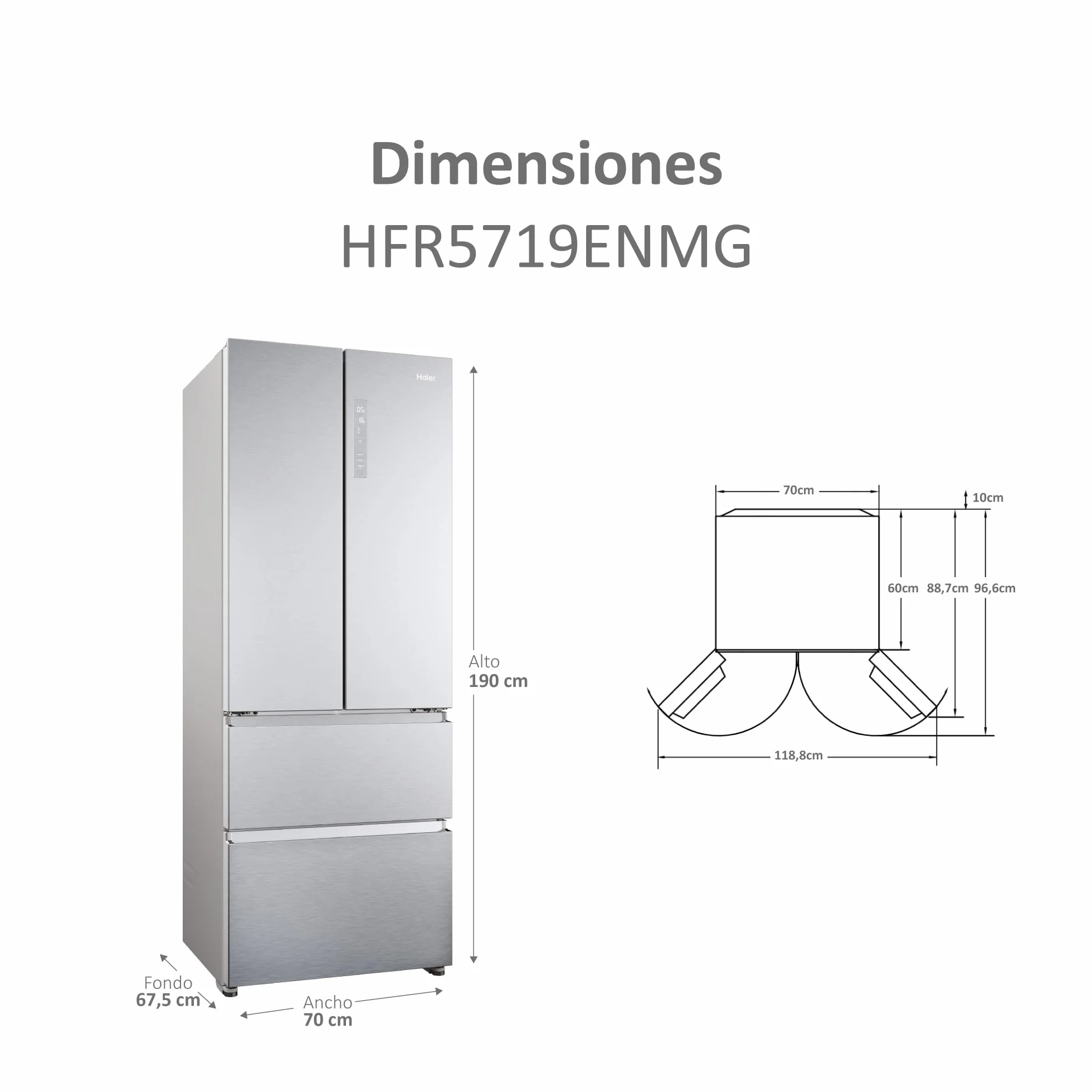 HAIER FD 70 Series 5 HFR5719ENMG - Frigorífico Puerta Francesa, Cajones Direct Access, Circular AirFlow, Motor Inverter, My Zone Plus, Total No Frost, Ancho 70cm, Alto 1,90m, 446L, Luz LED, Inox
