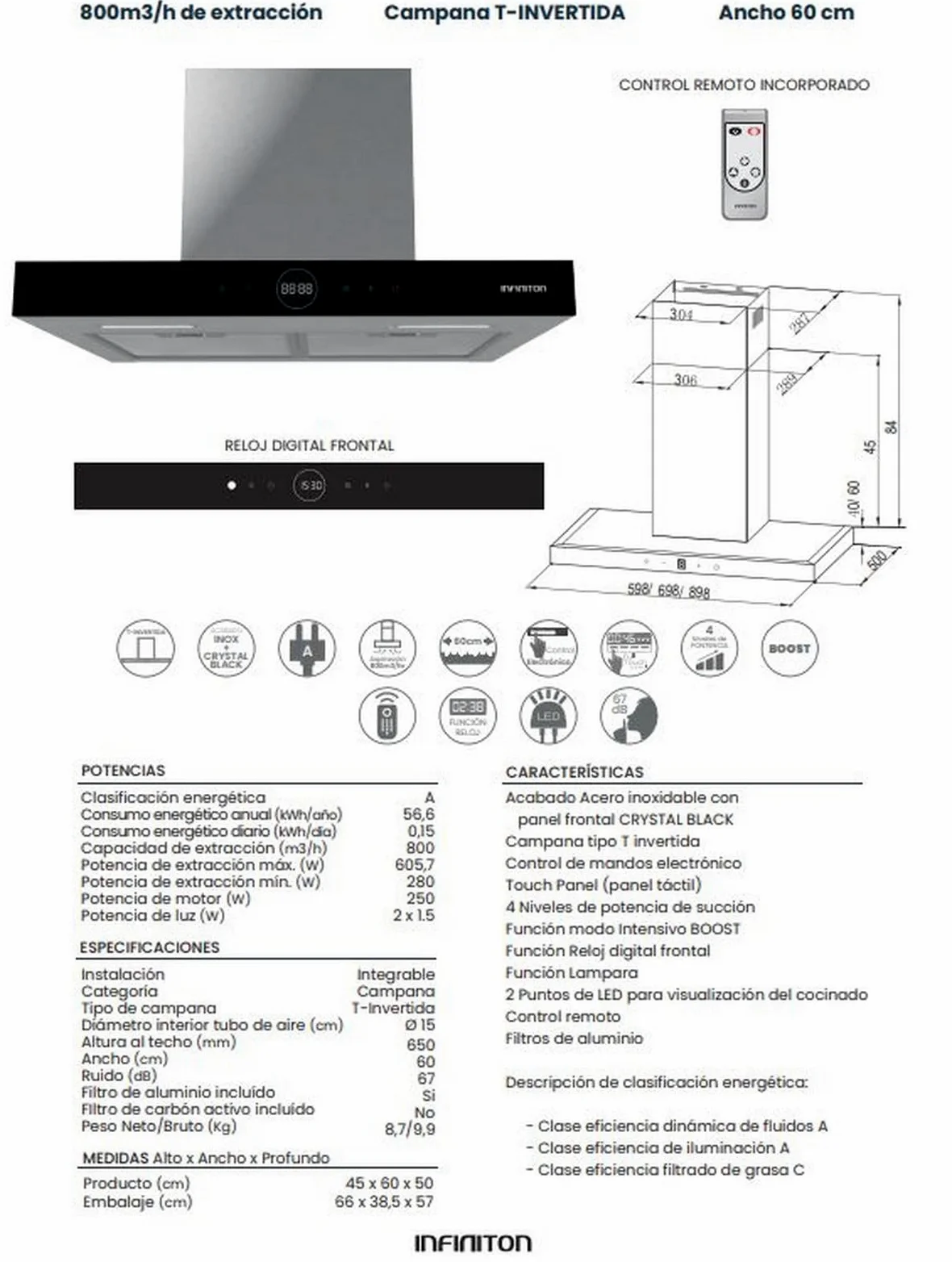 INFINITON | CMPT-CLR60S - CAMPANA EXTRACCION | Campana T Invertida | Potencia Extracción 800m³/hC | Control Remoto | Luces LED | 4 Niveles Potencia | Filtros Alumio | Nivel de Ruido 63dB | Ancho 60CM