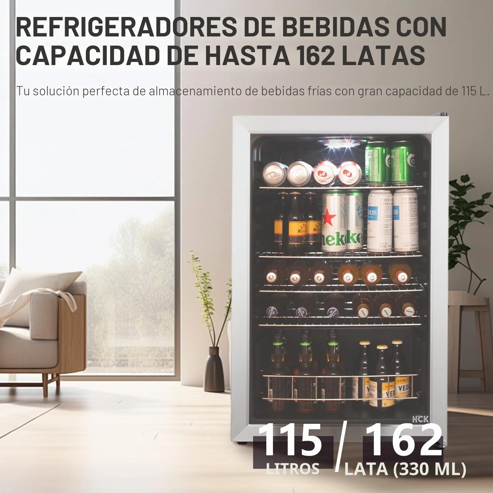 HCK Refrigerador de Bebidas Independiente de 115L con Puerta de Vidrio Doble, Temperatura Ajustable de 0-10℃, 4 Estantes Removibles para Cerveza y Bebidas