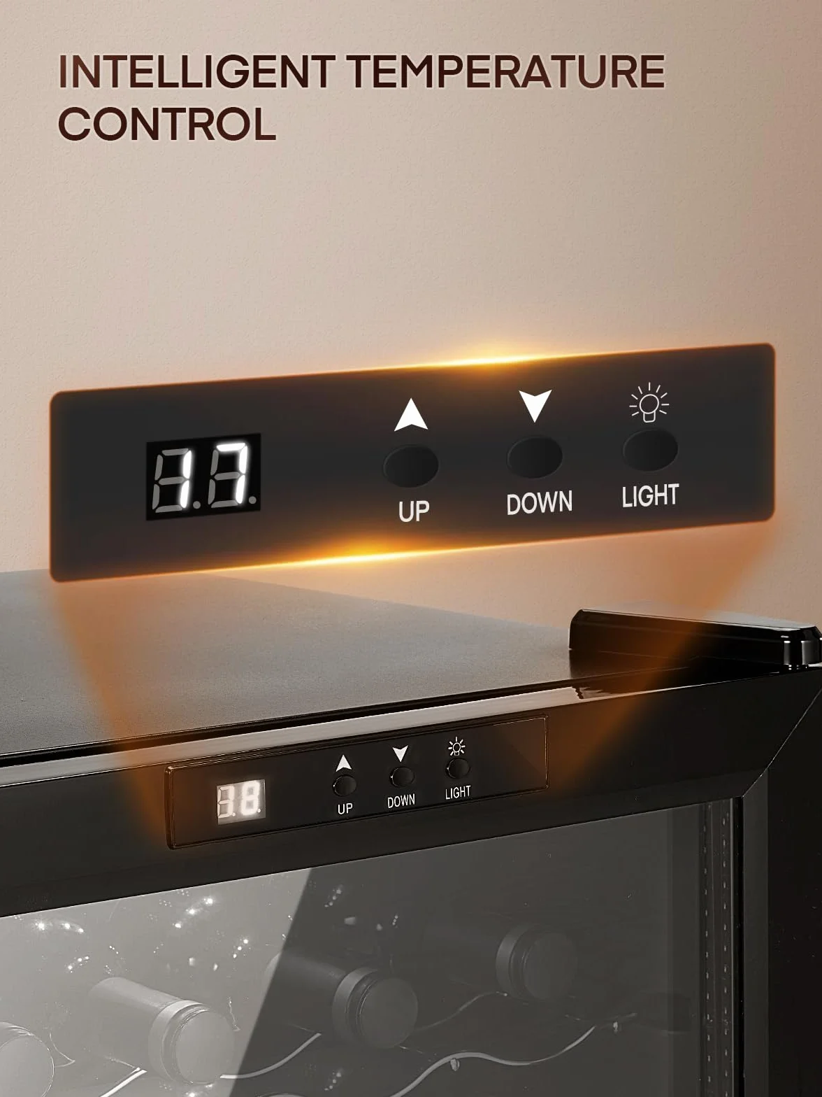 FOHERE Vinoteca de 8 botellas, frigorífico de mesa con puerta de vidrio, 22 litros LED + pantalla digital, frigorífico para bebidas con puerta de vidrio, 8-18 °C, zona única