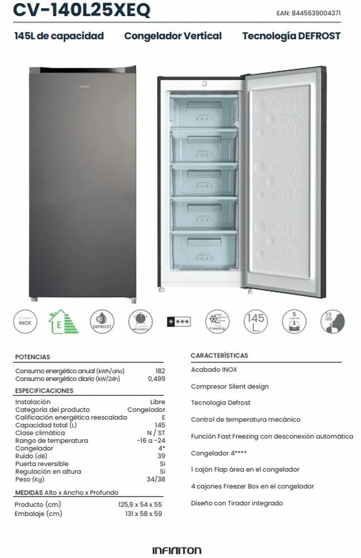 INFINITON Congelador Vertical CV-140L25XEQ, 145 Litros, E, Función Fast Freezing, Congelador 4****, cajón Flap, Tirador integrado, Puerta reversible, Inox