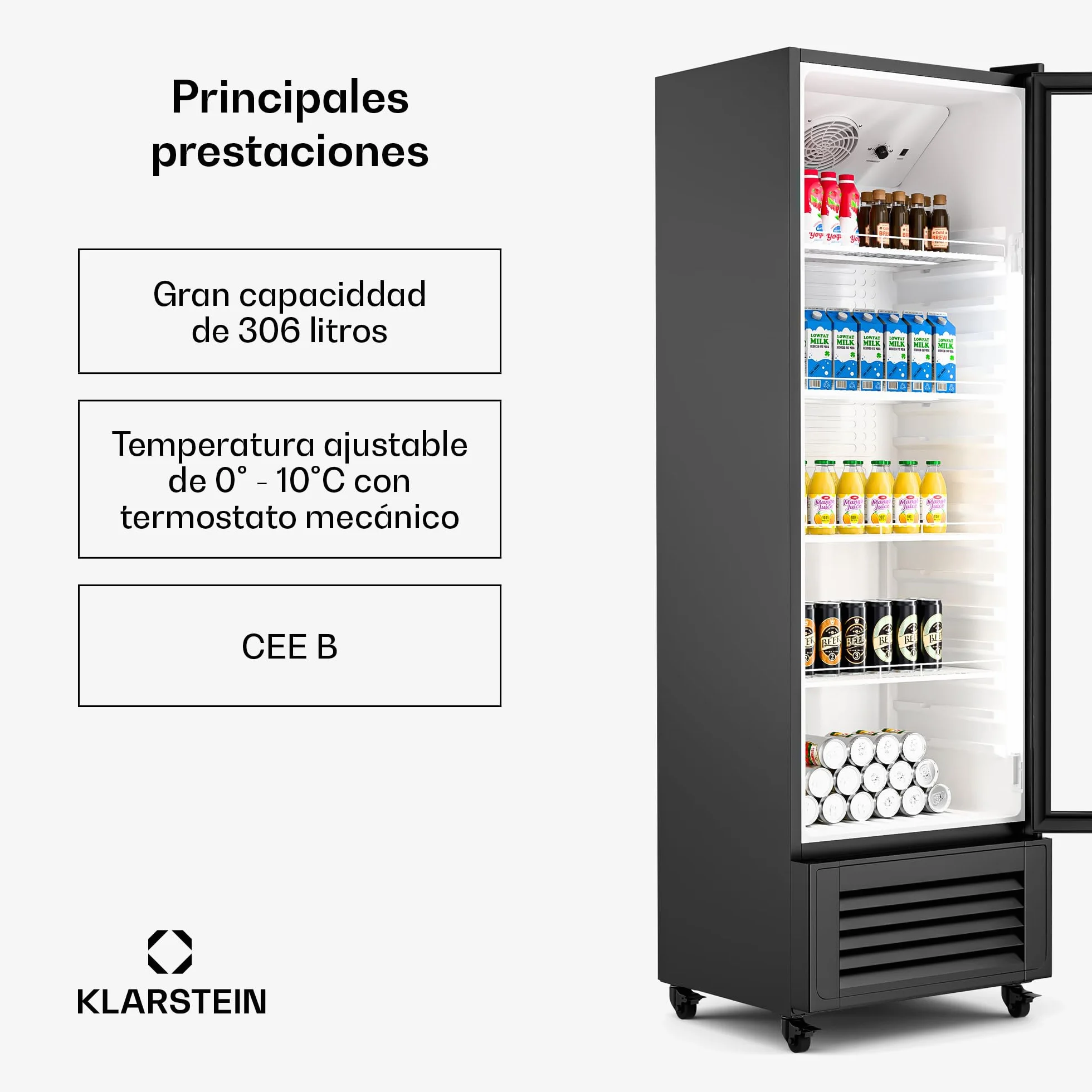 KLARSTEIN GrandCooler 306L Nevera Para Bebidas - Frigorífico para Bebidas con Puerta de Doble Acristalamiento, Iluminación Led, Termostato Mecánico, Ruedas Giratorias, 0-10°C