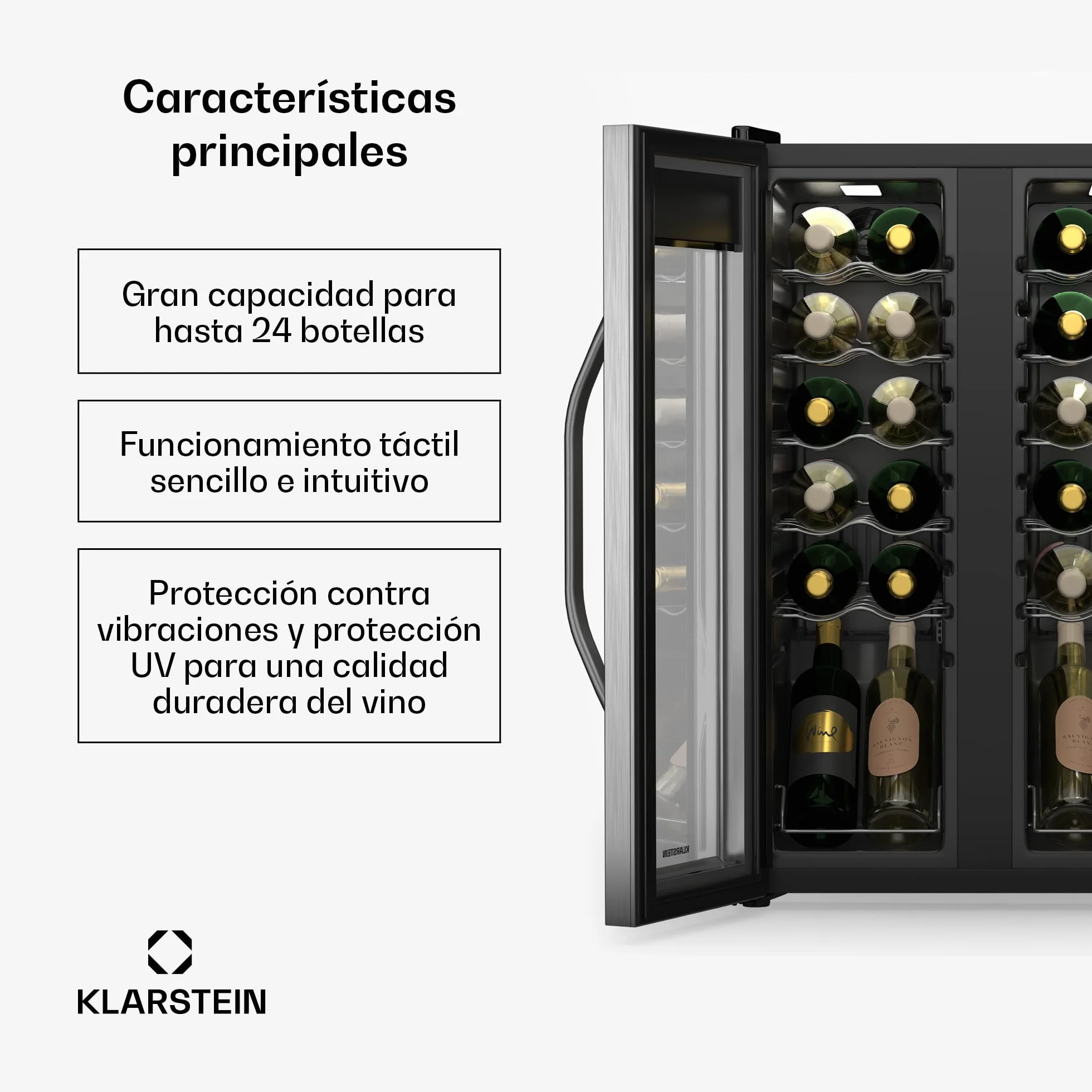KLARSTEIN Vinamour nevera para vino 2 zonas - 24 botellas, 5-18°C, control táctil, iluminación LED, independiente, acero inoxidable doble puerta, nevera para vino