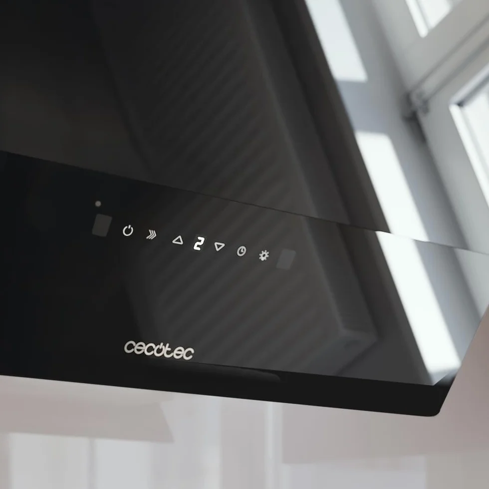 Cecotec Campana Extractora Decorativa 60 cm Bolero Flux DT 608001 Glass Black A++, 210W, Iluminación LED, Succión 800m3/h, Control Táctil, 3 Niveles, Filtro Carbono, Hand Movement, Delay Function