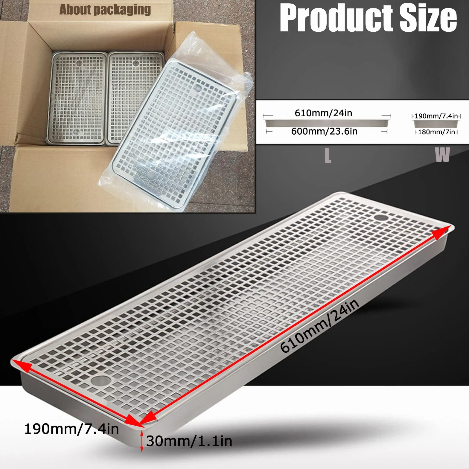 Bandeja de goteo de acero inoxidable para Kegerators, diseño rectangular de montaje en superficie, sin drenaje, ideal para barras del hogar y mini neveras, 40 cm