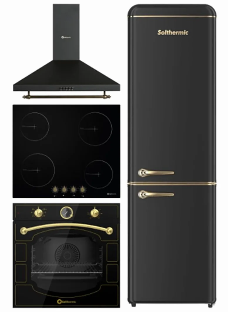 SOLTHERMIC PACK 4 EN 1 NEGRO RUSTICO PLACA VITRO 4 FUEGOS PVTC60 59x52cm / 9 niveles + CAMPANA DECORATIVA 60 CM 400m3 + HORNO EXTRA AMPLIO 78L TURBO + COMBI 2 P F2PR188N 1,88 cm x 55 de ancho
