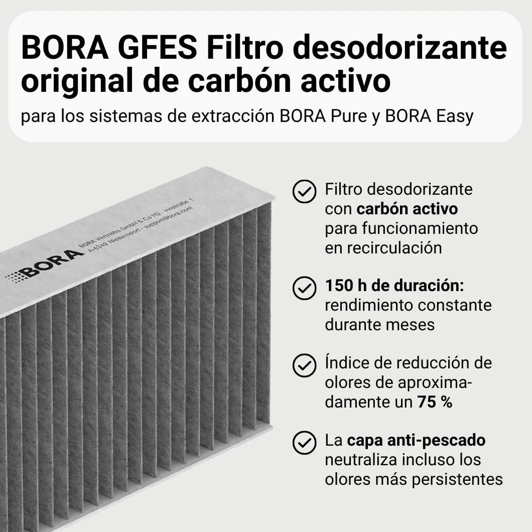 BORA GFES - Filtro de carbón activo original para campana extractora BORA Pure & Easy, accesorio de repuesto, filtro de recirculación, reducción de olores, reemplazo del filtro sin herramientas, vida