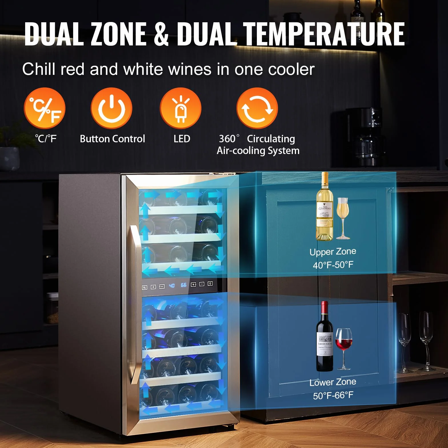VEVOR Enfriador de Vino para 33 Botellas de Doble Zona y Temperatura, Independiente con Refrigeración por Aire Circulante y Control Digital, Puerta de Vidrio Templado Protección UV, 395 x 580 x 840 mm