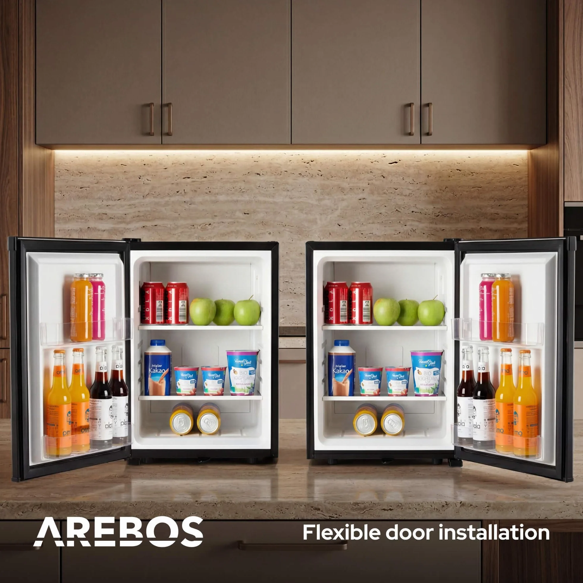 Arebos Mini Frigorífico 40L | Mini Bar Silencioso ≤27 dB | Nevera Compacta con Cerradura, LED y Temperatura Ajustable 5–18 °C | Frigorífico Oficina | Negro