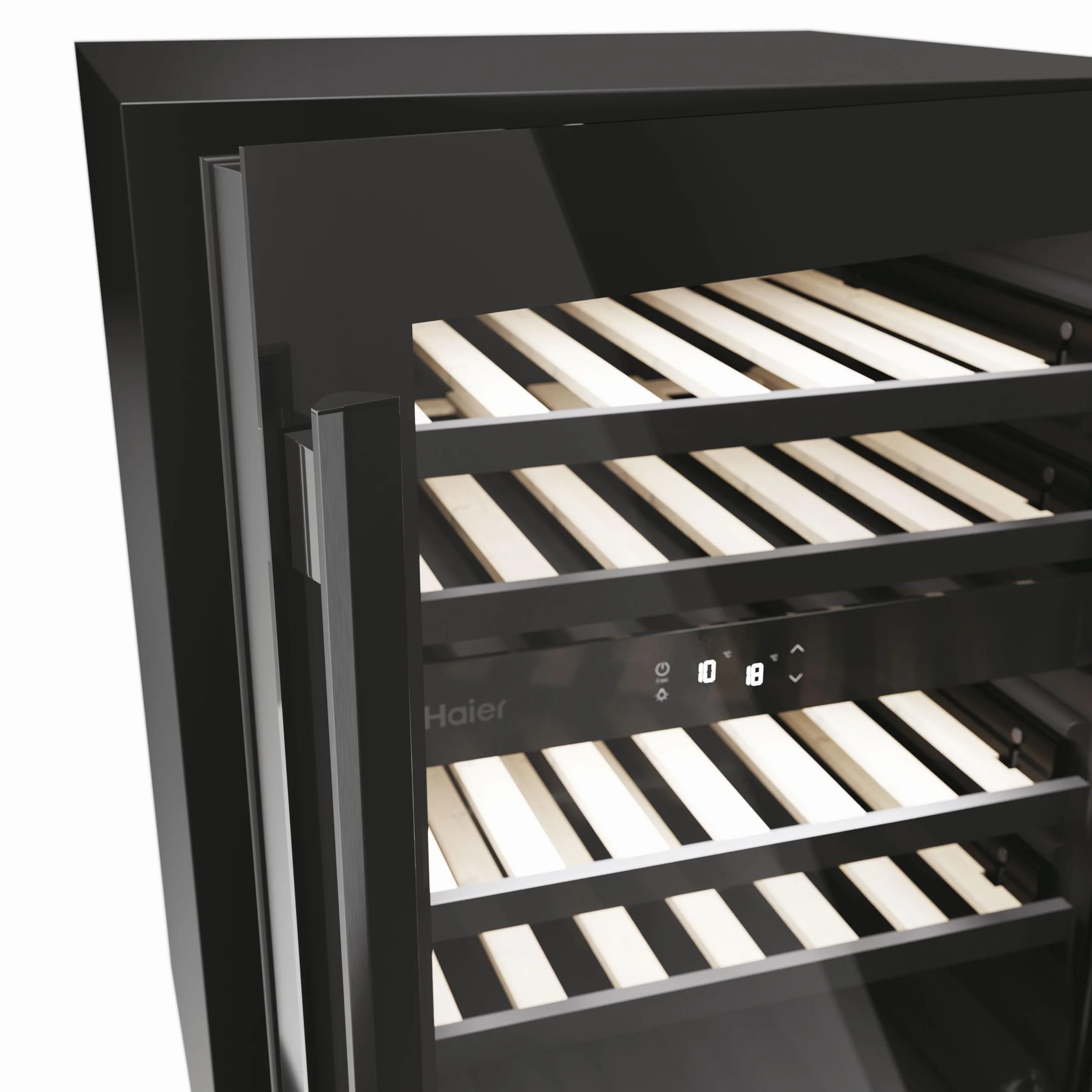 Haier Wine Bank 60 Series 6 HAKWBD 60 Vinoteca de integración de 44 botellas, 2 Zonas, Estantes de madera, Filtro Anti-UV, Refrigeración por Compresor, Display Digital, Iluminación LED, 38 dbA Negra