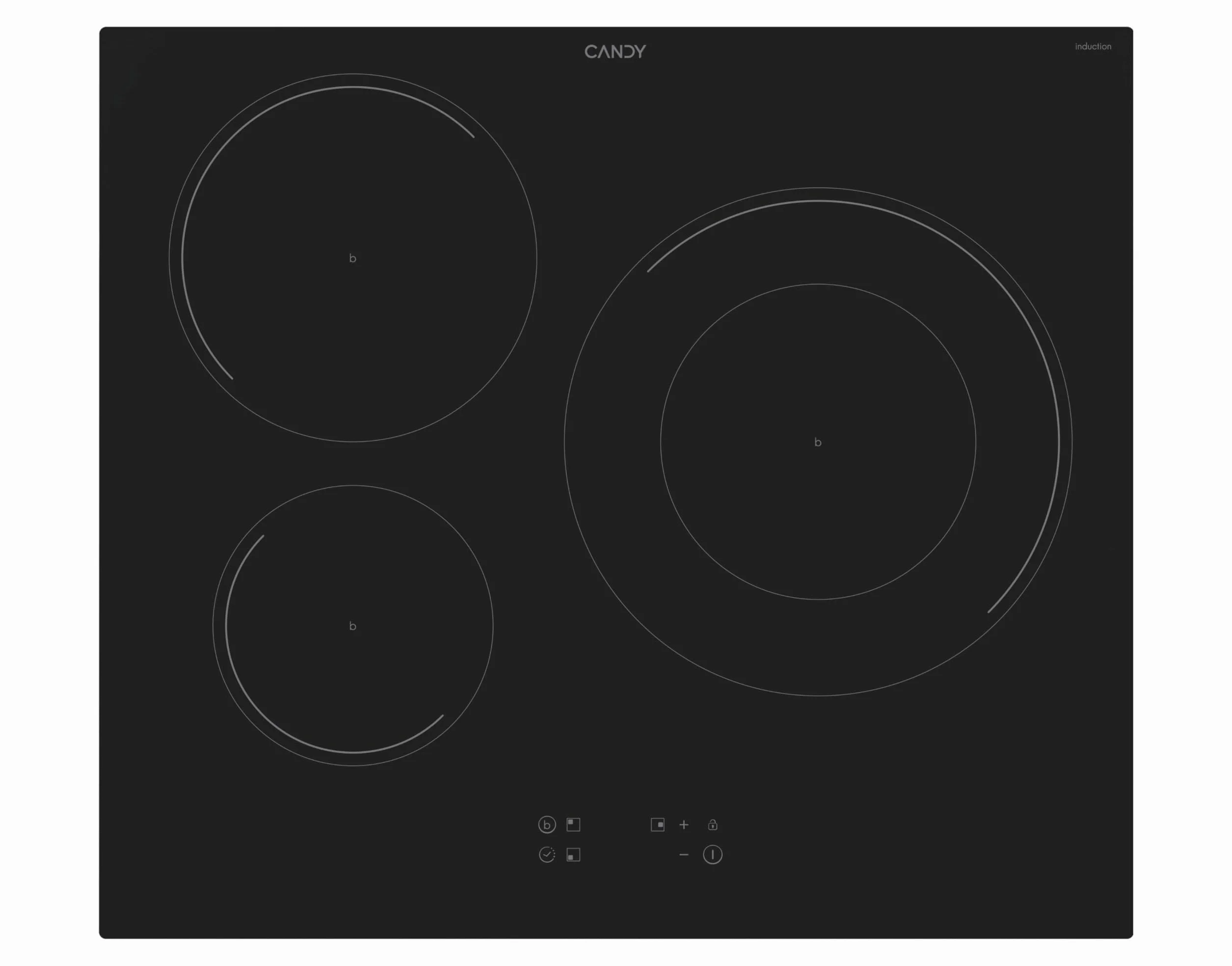 Candy CI633C/E14U, Placa Inducción, 3 Zonas, 60CM, 9 Niveles de Potencia y Booster, 7,2KW, Mandos Centrales, Indicador de Calor, Bloqueo de Seguridad, Alerta Sobrecalentamiento y Derrames, Negro