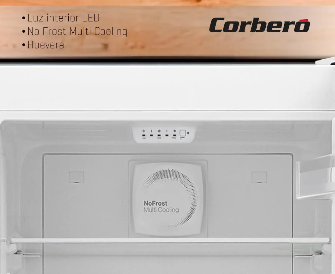 Corberó - Frigorífico Combi | CC200V24NFW | 327L | 60x59,5x201 | No Frost, Luz LED, Crisper, Balcones Ajustables, Estantes de Cristal, Huevera | 39 Db | Blanco