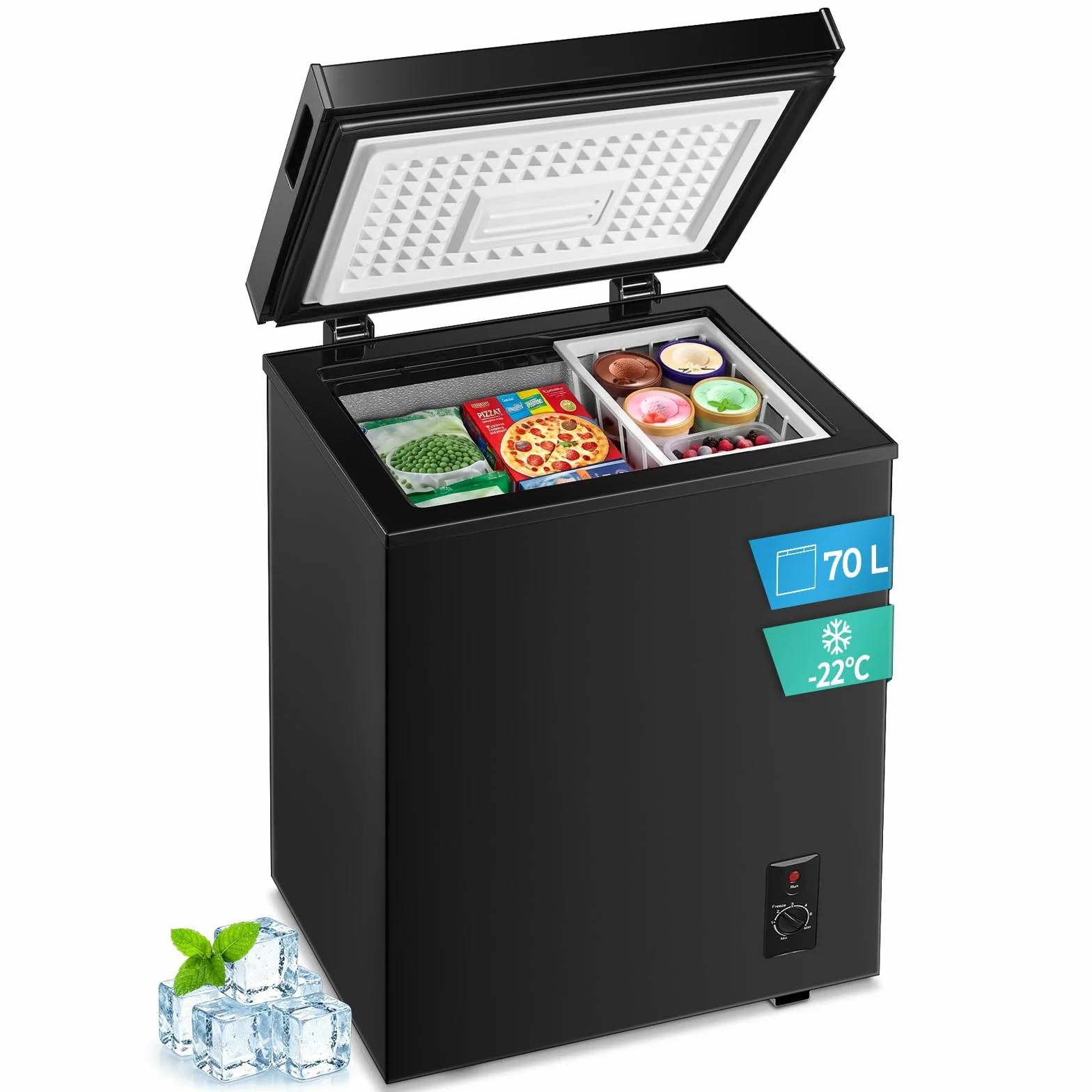 FOHERE Congelador Horizontal, Capacidad 70L, Alto 72.5 cm, Cesta con Asa, Silencioso 45 dBA, 6 Ajustes de Temperatura, Negro