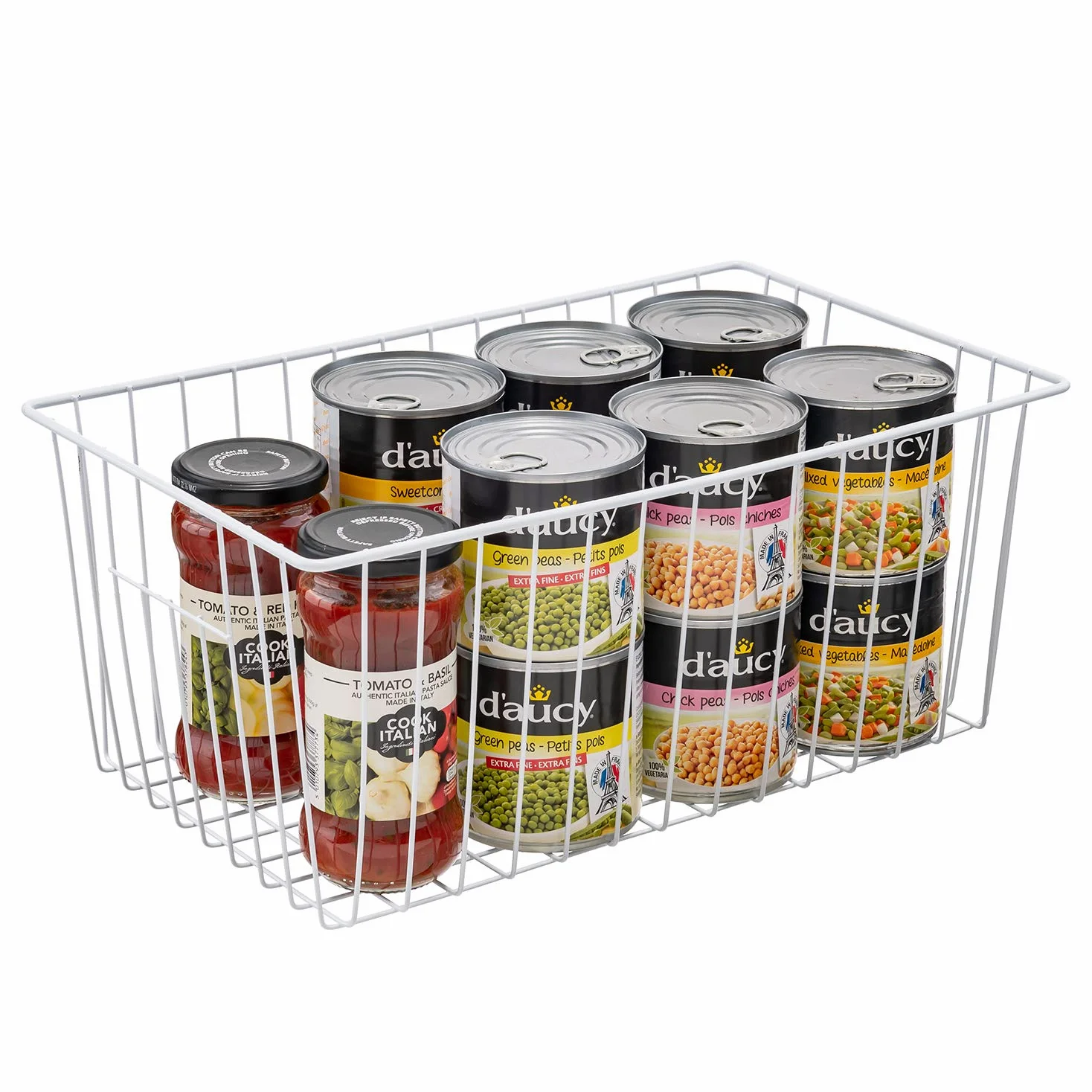 Contenedor organizador de congelador de 16 pulgadas de largo x 12 pulgadas de ancho x 6 pulgadas de alto, contenedores de almacenamiento de alambre de metal para refrigerador con asas para cocina,