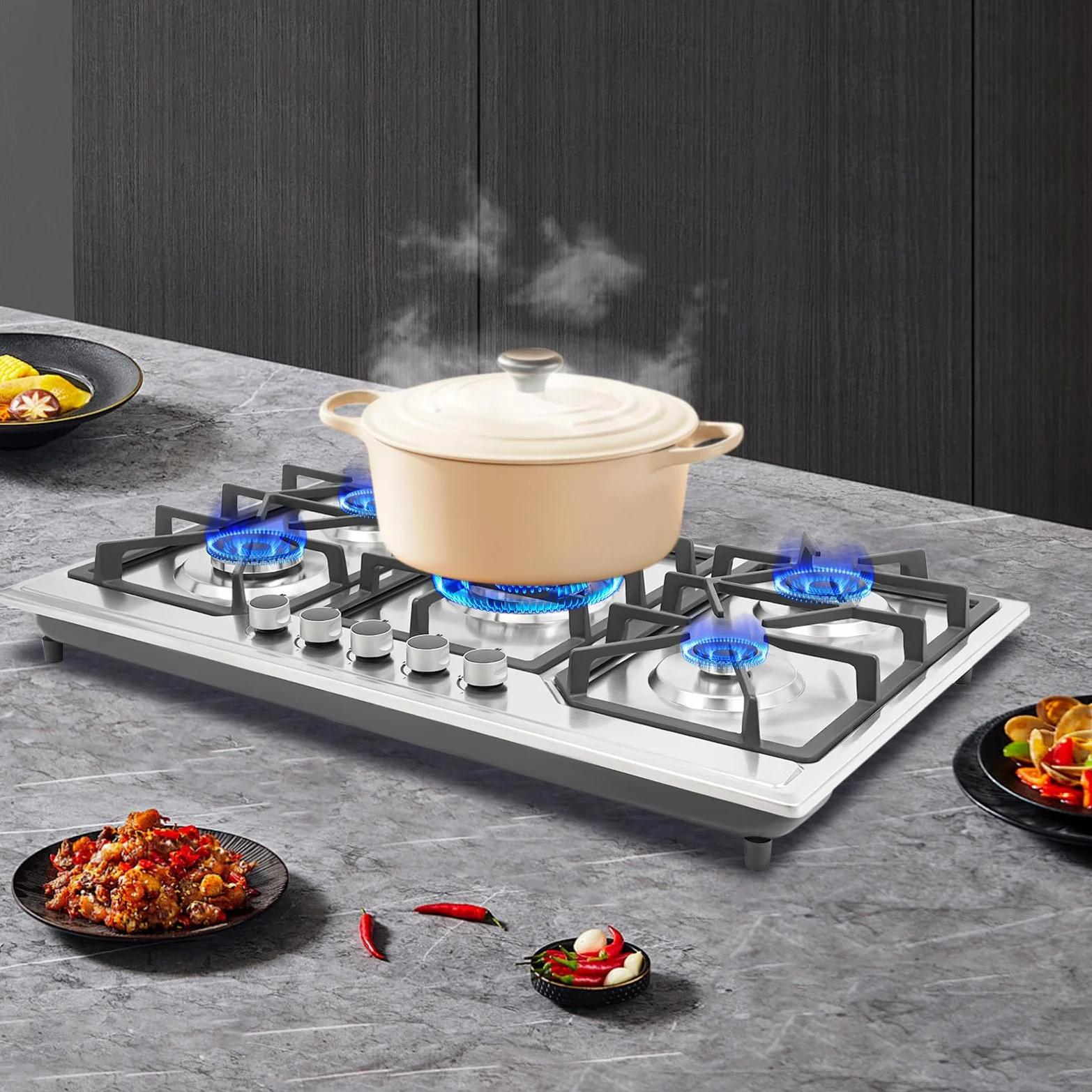 Cocina de gas de 5 fuegos, 86 cm, empotrable para cocina, acero inoxidable, encendido electrónico, placas de gas LPG/gas natural, 2800 pa, placa de gas Drop-in moderna