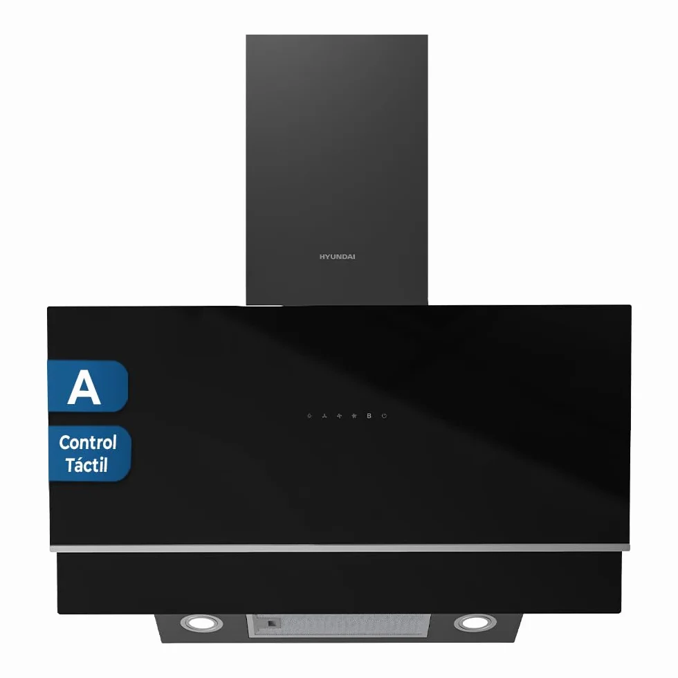 Hyundai Campana Extractora Inclinada 90cm Cristal negro HCPD900AN. Potencia 253m3/h, Tiro Doble, 4 Velocidades, Control Táctil, Filtro apto para Lavavajillas.