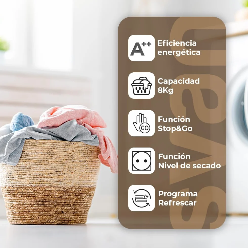 Svan Secadora de Bomba calor 8Kg Carga Frontal Blanco SSB800A2DB. 1000W, 15 Programas, Función Antiarrugas, Display LED manual, Eficiencia Energética Clase A++ [Clase de eficiencia energética A++]