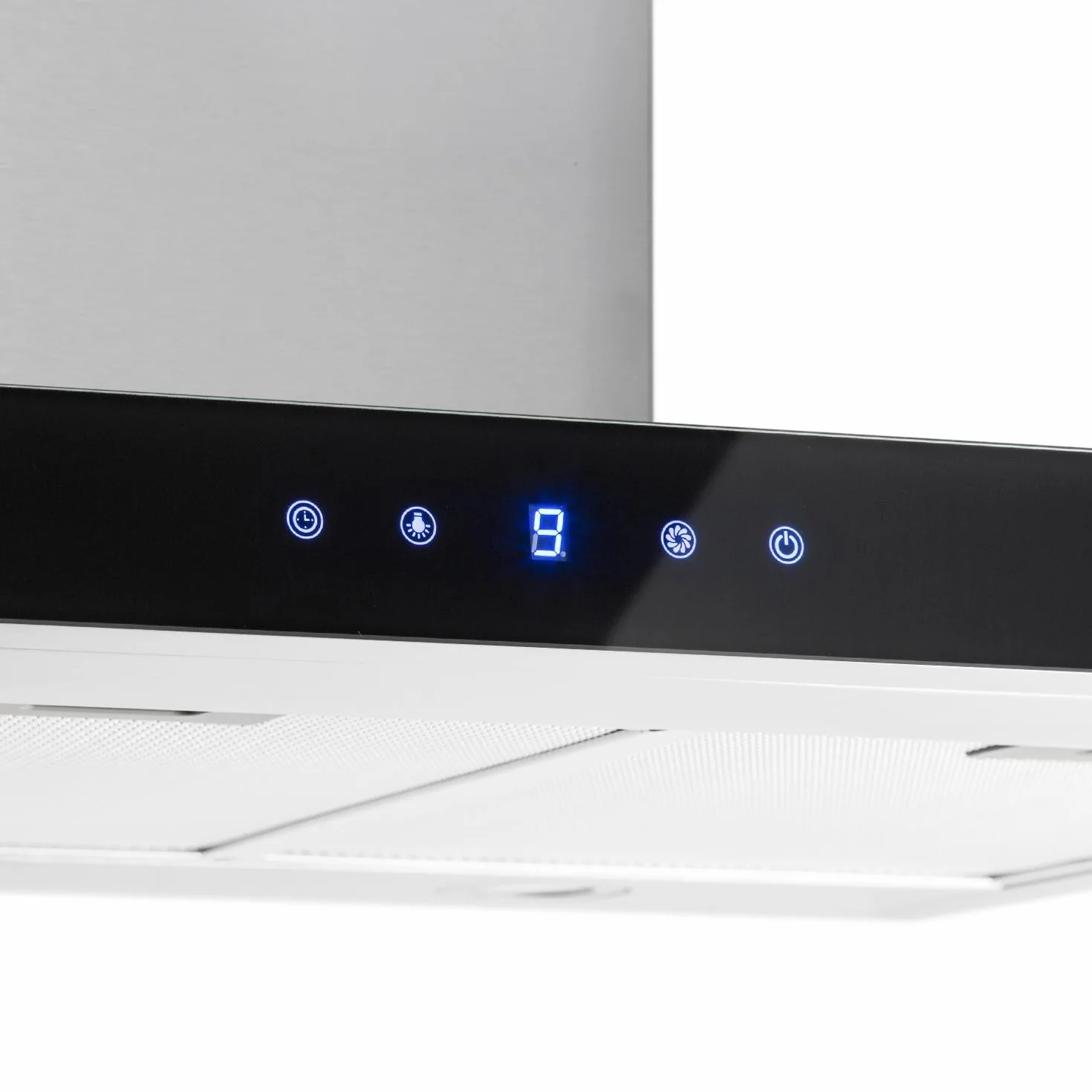 Klarstein Madonna - Campana extractora en isla, 90 cm Ancho, 3 potencias, Ventilación 500 m³/h, Filtro Antigrasa, Pantalla, Lámparas halógenas, Acero Inoxidable, Clase Energia C, Plateado