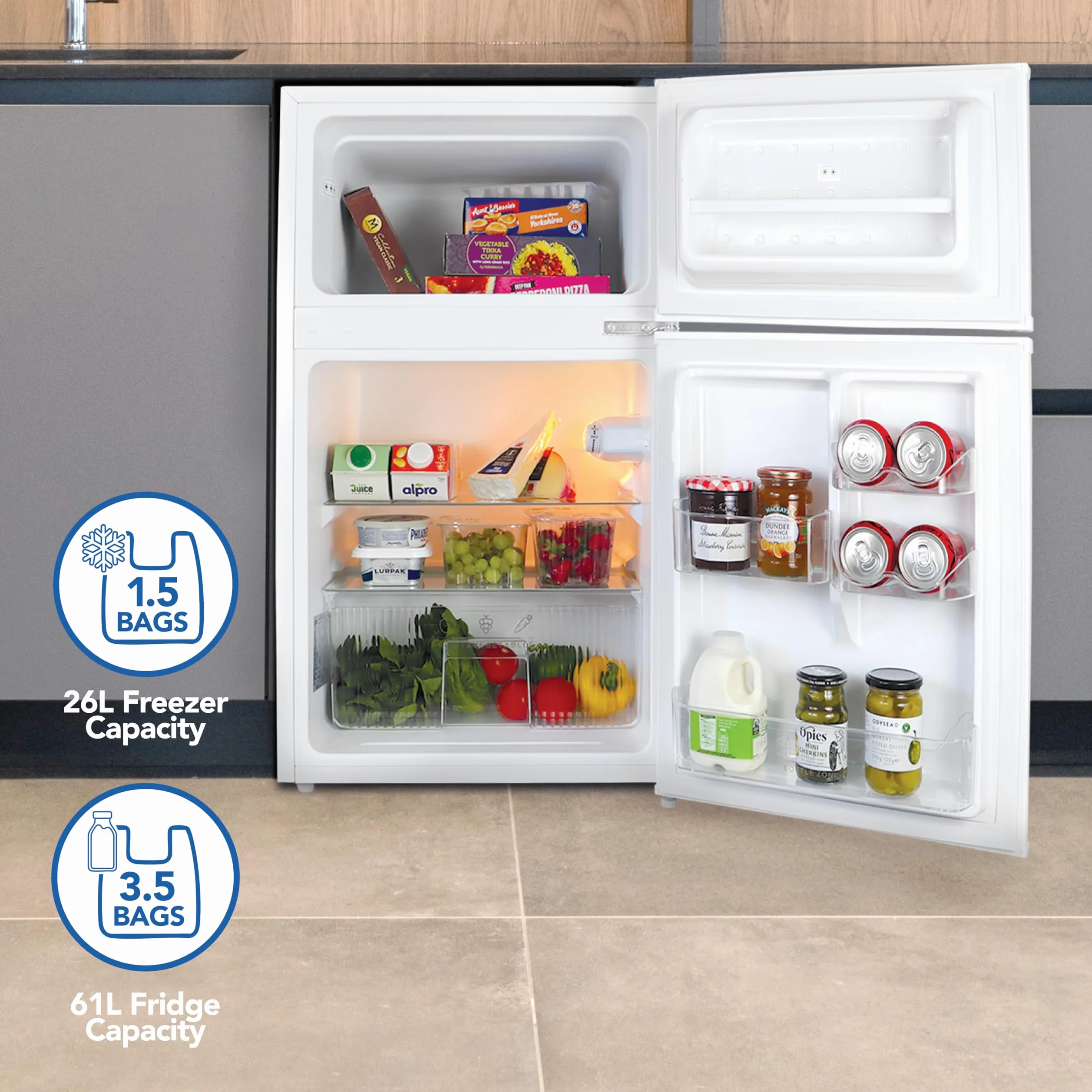 Igenix Ig347 Ancha autoportante Debajo del congelador de refrigerador con 2 estantes y 1 cajón Ensalada, Puerta Reversible, 47 cm, Color Blanco