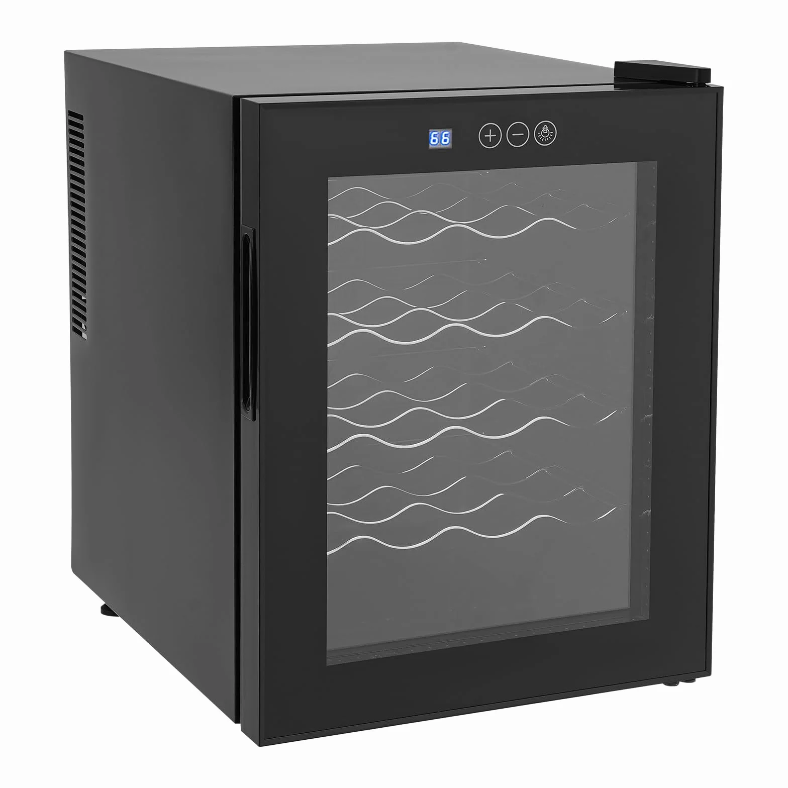 Nevera para vino, 20 botellas, 48 L, iluminación LED, enfriador de vino, pantalla táctil, puerta de cristal reforzada, vino independiente, rango de temperatura 12 – 18 °C, 50,2 x 40 x 53 cm