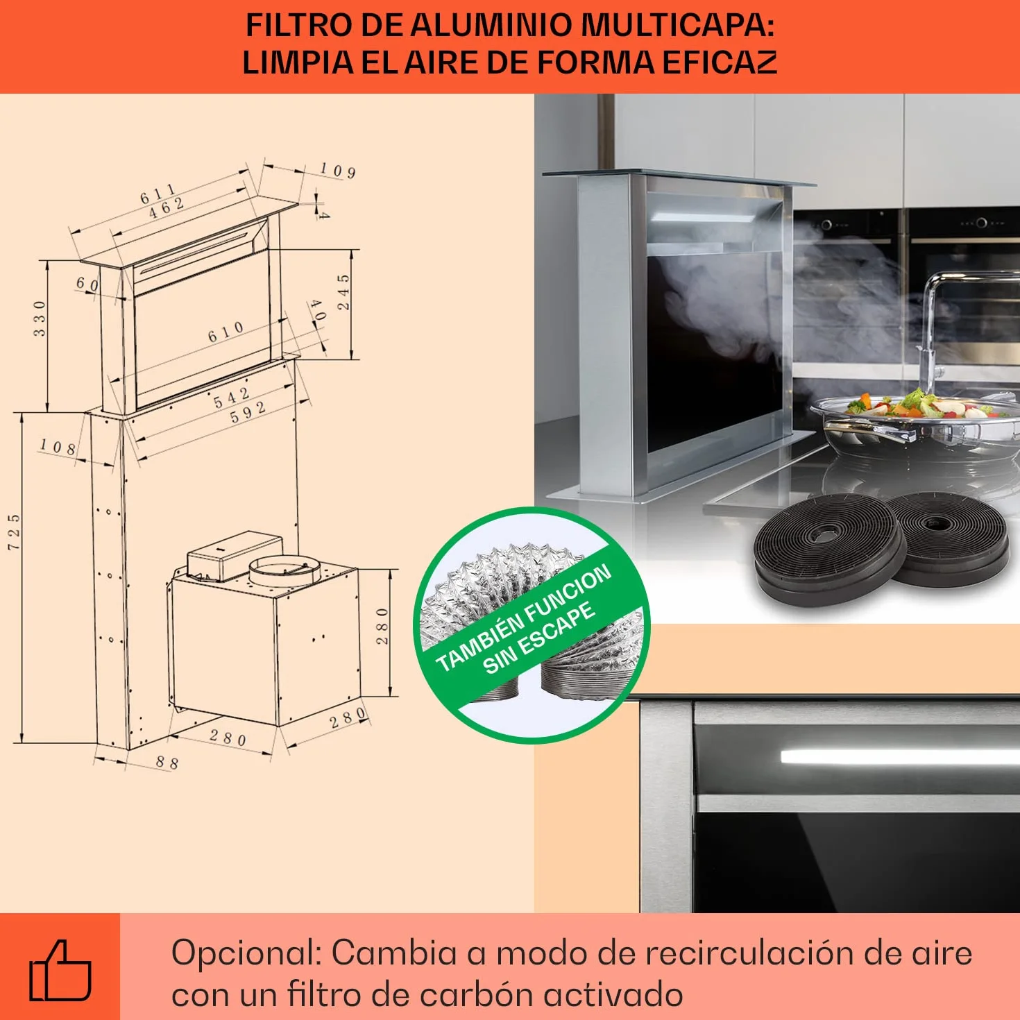Klarstein Campana Extractora 60 cm - A++ Eficiencia Energética, 576 M³/H De Caudal De Aire, 51 dB, Touch-To-Slide, Acero Inoxidable & Vidrio, Iluminación Led, Diseño Retráctil, Extractor Cocina