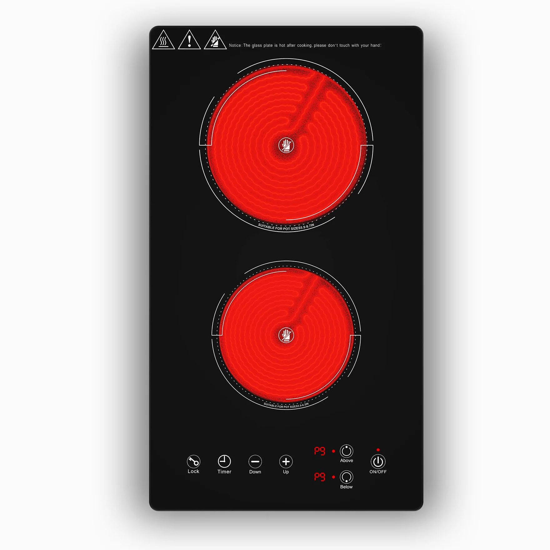 VBGK placa vitroceramica，220V 3000W placa de vitroceramica con control táctil LED, 9 niveles de potencia, bloqueo de seguridad infantil, temporizador de 4 horas y protección contra sobrecalentamiento.