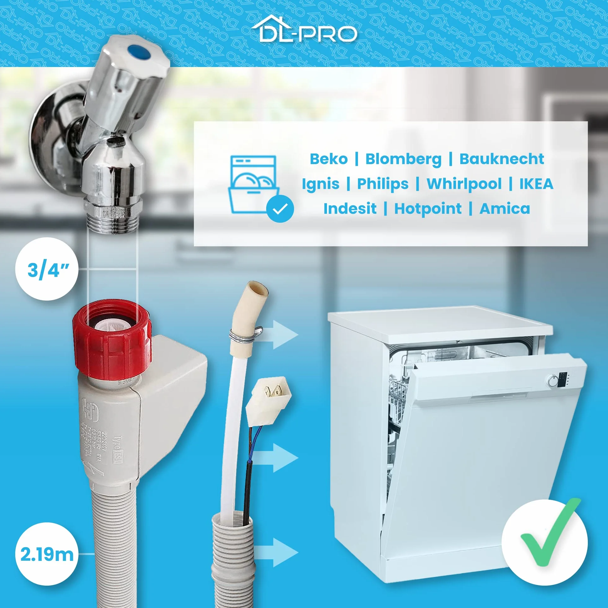 DL-pro Manguera de entrada de agua 2,19m lavavajillas y lavadoras Beko 1760360100 con Aguastop Whirlpool 481253029201 Blomberg Grundig