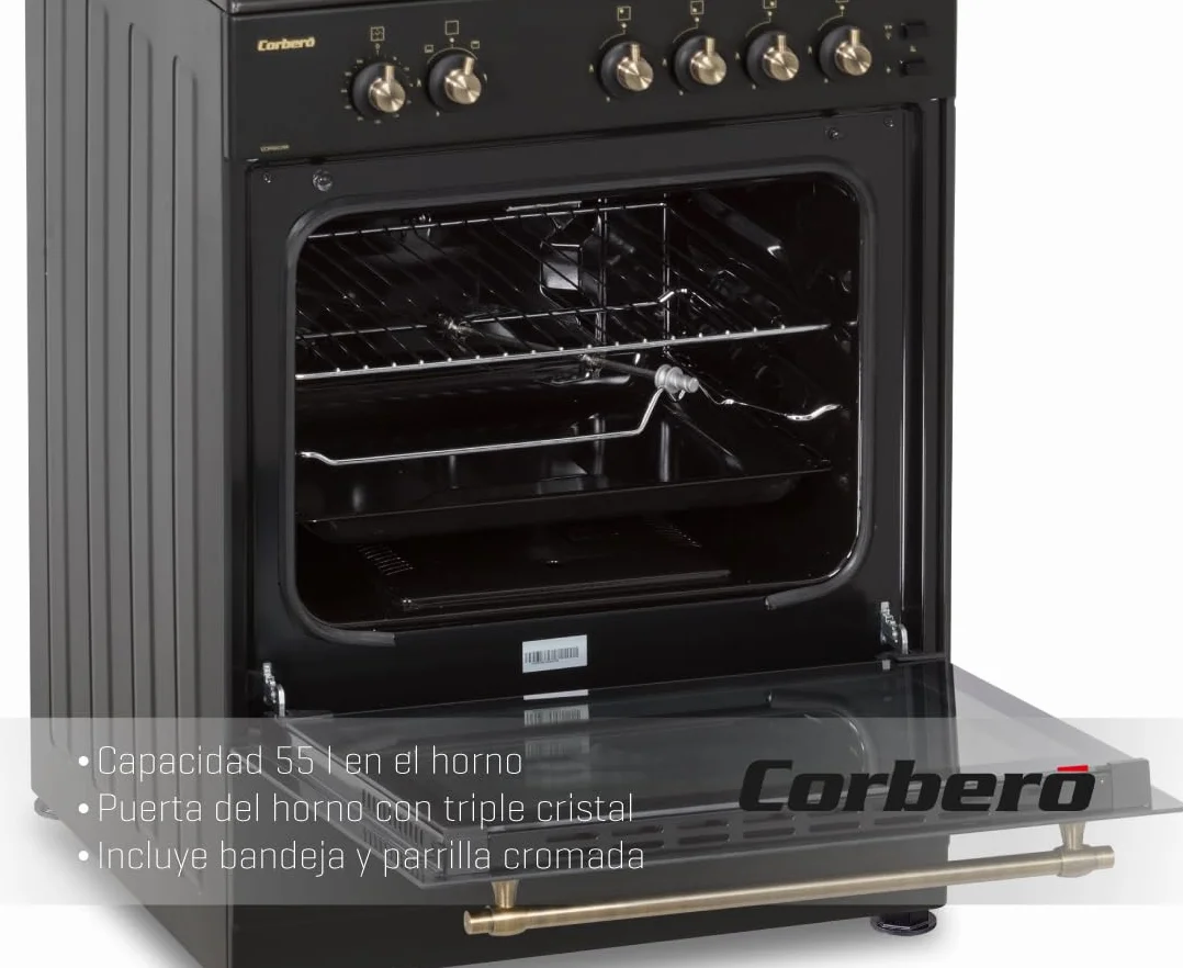 Corberó - Cocina de Gas Butano Excellence 60cm | CCSF6022NR | 4 Fuegos | Horno 55L con puerta triple cristal| Función Ruste pollos | Tapa Fogones Cristal| Wok con Quemado| Negro Rústica