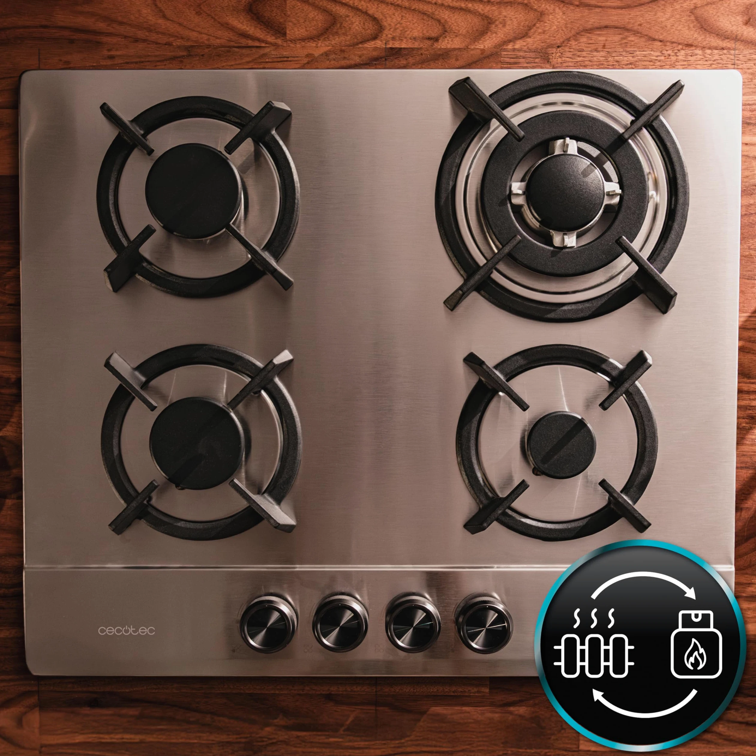 Cecotec Placa de Gas Butano y preparada para Gas Natural 4 Fuegos Bolero Squad G 4200S Inox. 8000W. Acero Inoxidable, Parrillas Individuales Hierro Fundido, WOK Triple Corona, Encendido Eléctrico