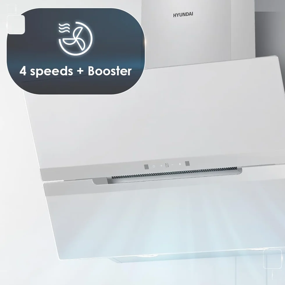 Hyundai Campana Extractora Decorativa Inclinada 70cm, Cristal Blanco, HCDE70DCW00. Potencia 831m3/h, 3 Velocidades, 2 Filtros, 64 dB Nivel Sonoro, Control Táctil, Filtros aptos para Lavavajillas