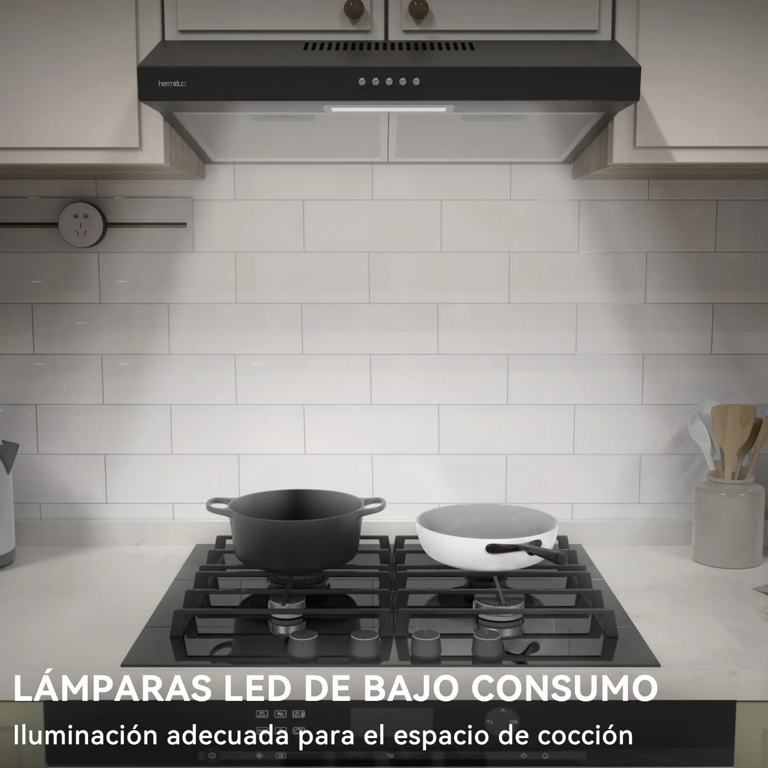 Hermitlux Campana Extractora de 60cm, 200m³/h, Evacuación/Recirculación, Iluminación LED, Incluye Filtro de Carbón Activado, Acero Inoxidable Negro