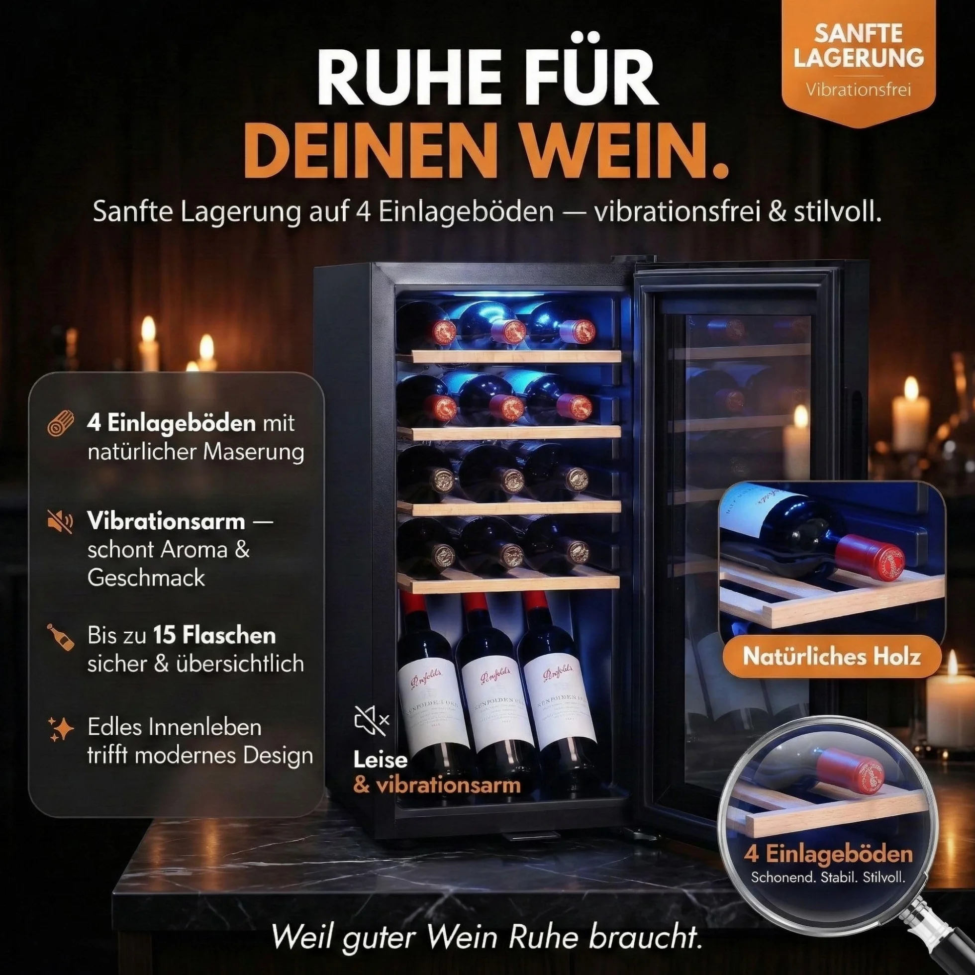 Sommertal WK50 - Nevera para vino con puerta de cristal (15 botellas, 5 – 20 ºC, ajustable, con cerradura, iluminación LED, puerta de cristal, pantalla táctil, 4 estantes de madera, silencioso, ahorro