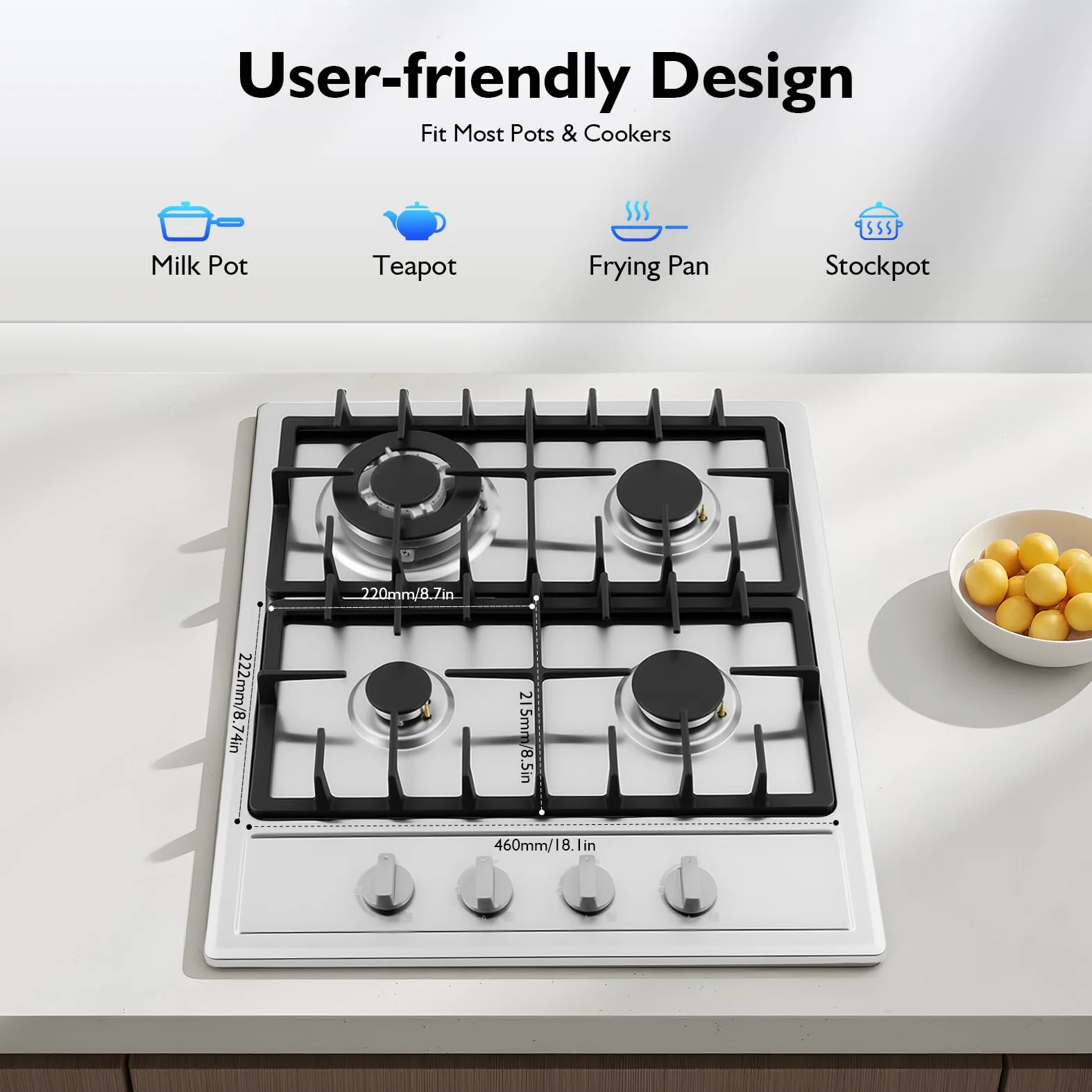 Cocina de gas de 4 fuegos, acero inoxidable, empotrable, gas natural/propano, eficiente y de bajo consumo, 7500 W, 4 zonas de cocción (3000 W + 1750 W + 1750 W + 1000 W), 4 zonas de cocina de