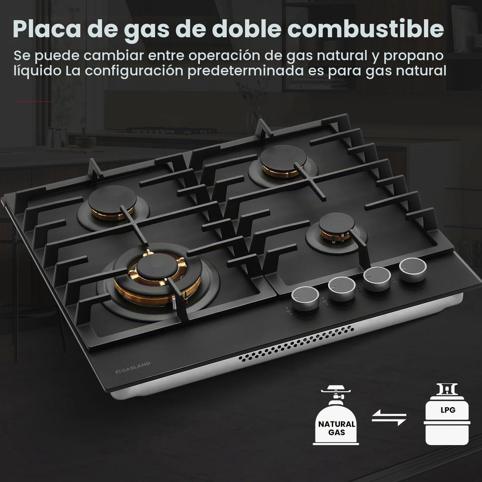 GASLAND PRO GH2604BG1FC - Placa de cocción con 4 luces de cristal, mesa de cocción con botones iluminados, 60 cm con quemadores de latón, compatible con Butano, 8000 W