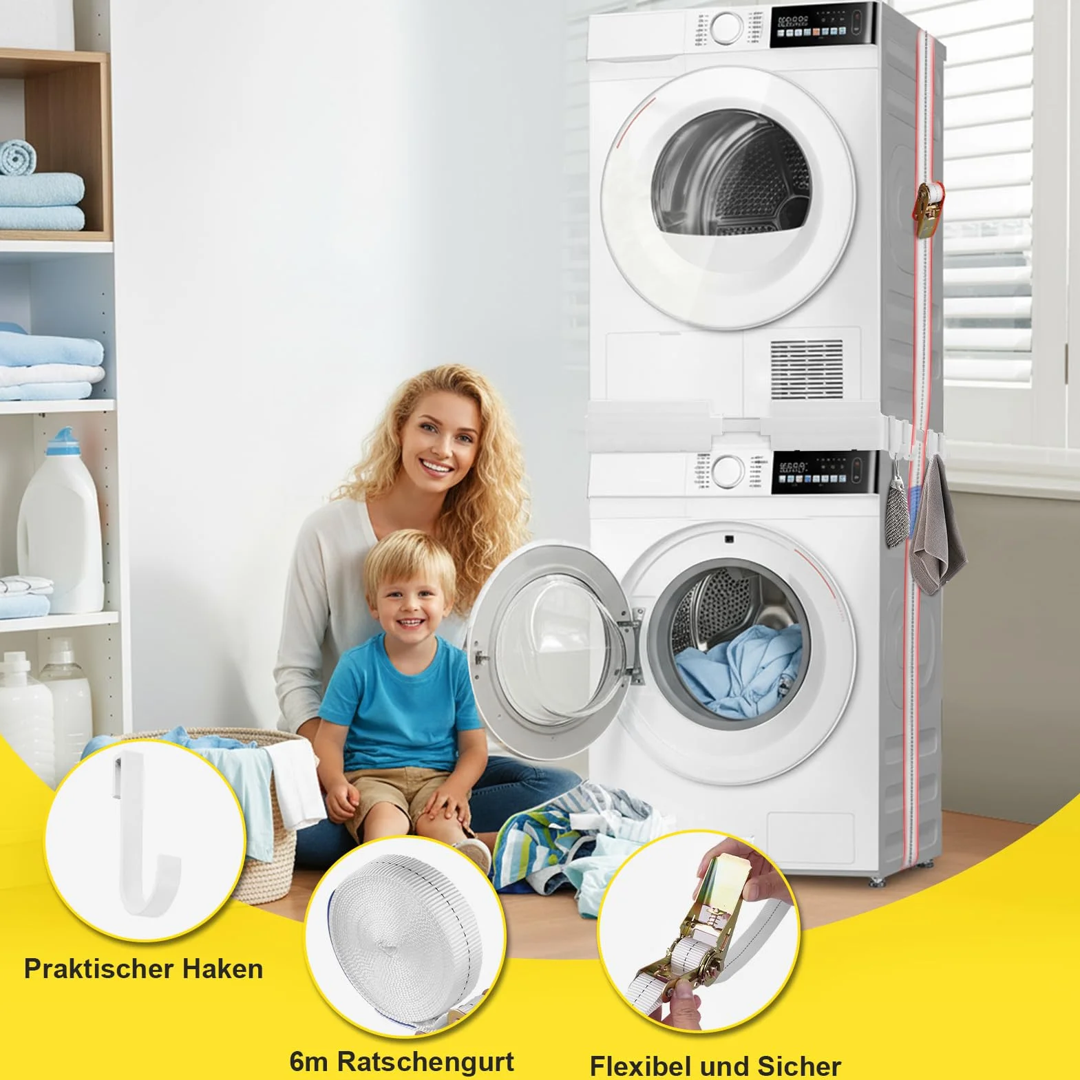 Marco de conexión para lavadora/secadora, marco intermedio universal, kit de marco intermedio para lavadora de 21 – 27 pulgadas, kit apilable con cuerda de trinquete, ahorra espacio
