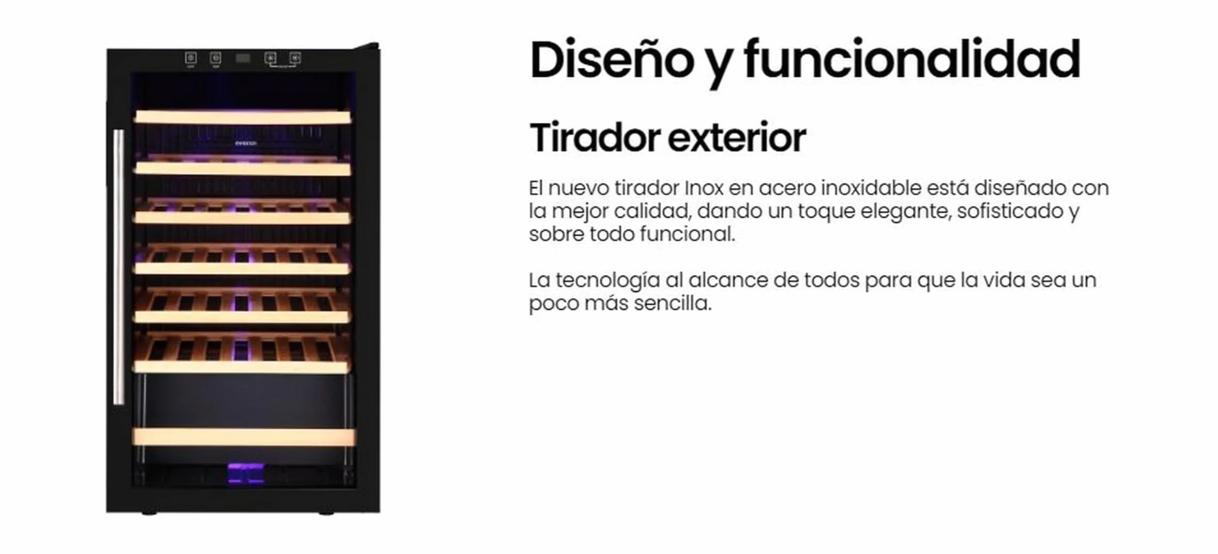 INFINITON Vinoteca WFL-34C, 34 Botellas, Luz LED en el interior, Sistema de enfriamiento No frost, Acabado exterior Crystal BLACK, Tirador exterior de acero inoxidable, G