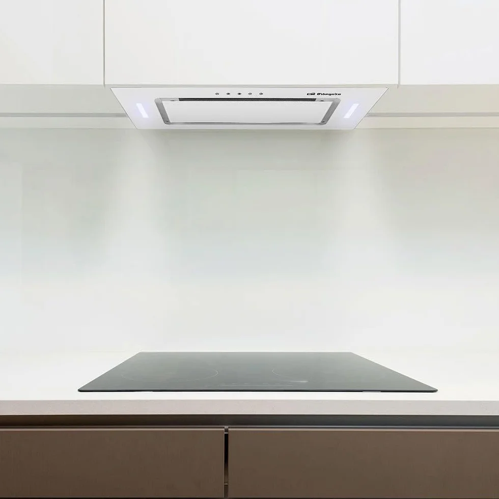 Orbegozo CA 09190 BL - Campana extractora cassette 90 cm, Clase A, frontal cristal templado blanco, extracción 637,1 m3/h, 3 niveles de potencia, iluminación LED