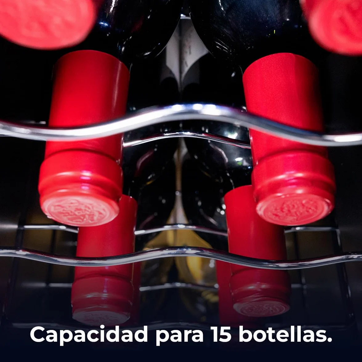 Cecotec Vinoteca Bolero GrandSommelier 1550 CoolCrystal. Bodega para 15 botellas, temperatura ajustable de 5-18ºC, enfriamiento termoeléctrico, silenciosa con 35 dB, panel táctil y LED eco-friendly.