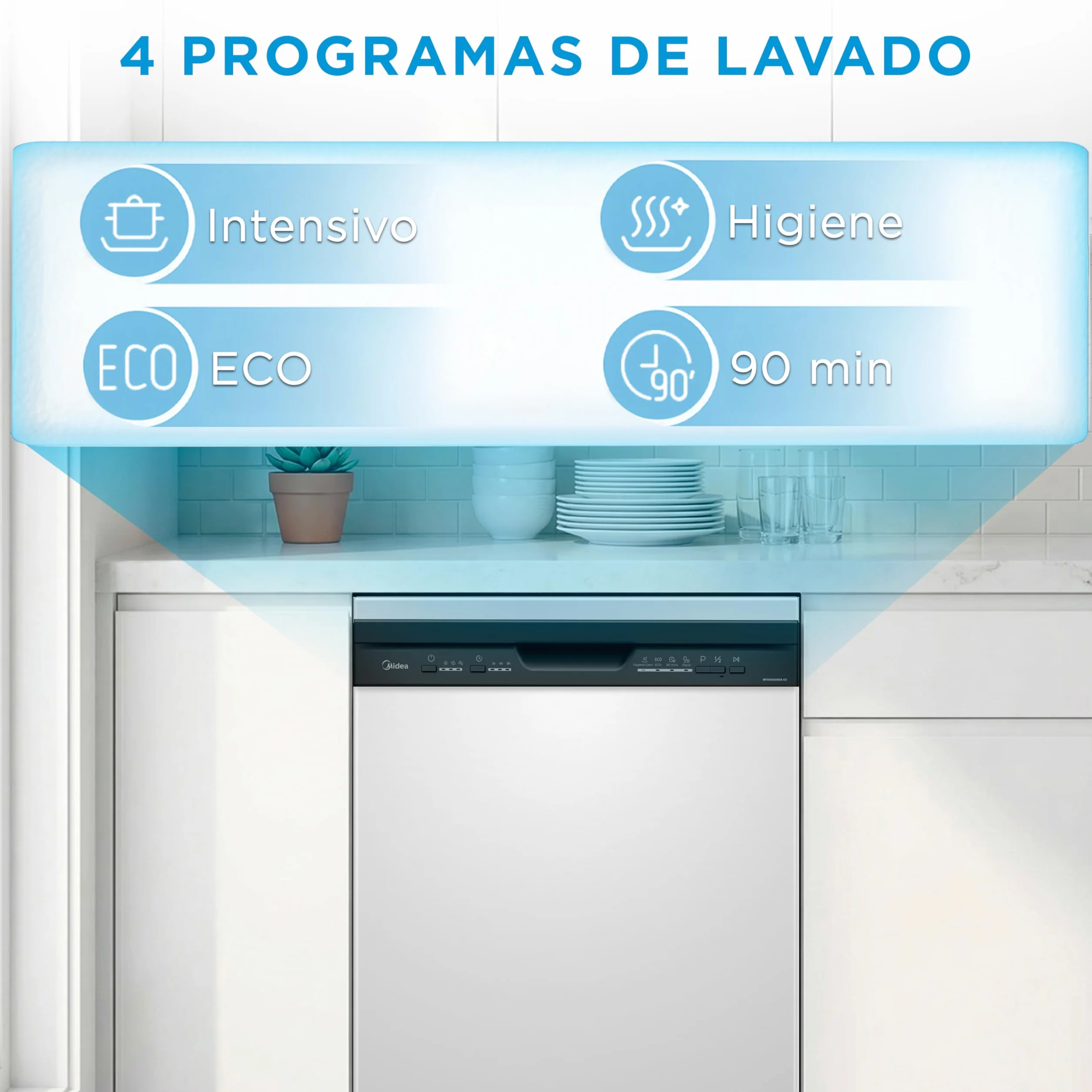 Midea Lavavajillas 60 cm+++ Blanco para 12 servicios - Lavaplatos Libre Instalación con 4 Programas de Lavado, Integrable - Filtro Antibacterias, 49 dB, y Función de Media Carga Nuevo Modelo