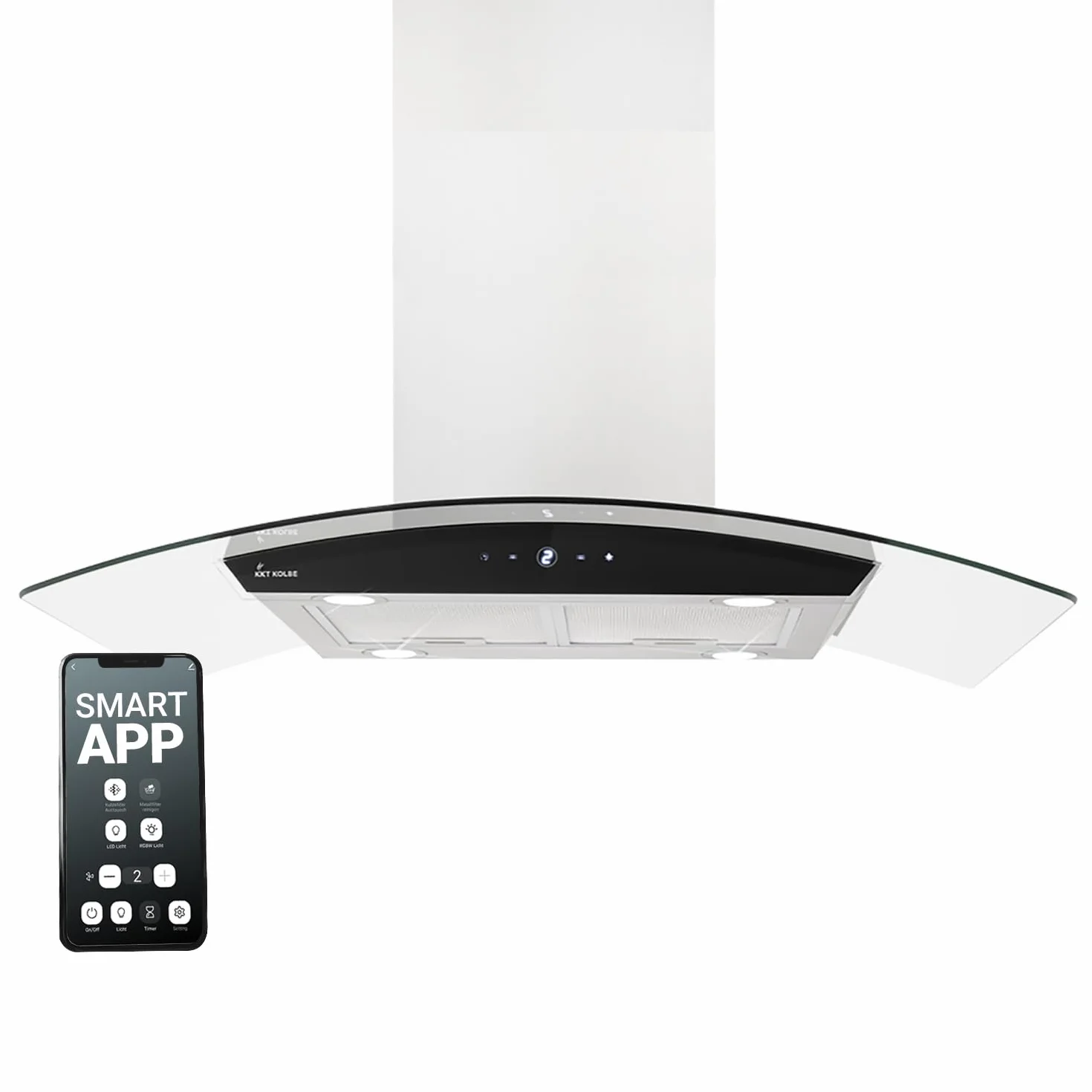Campana Extractora 90 cm | Campana Isla | acero inoxidable | vidrio negro | WiFi | apagado automático | Funcionamiento táctil | SINUS-INSEL-HC