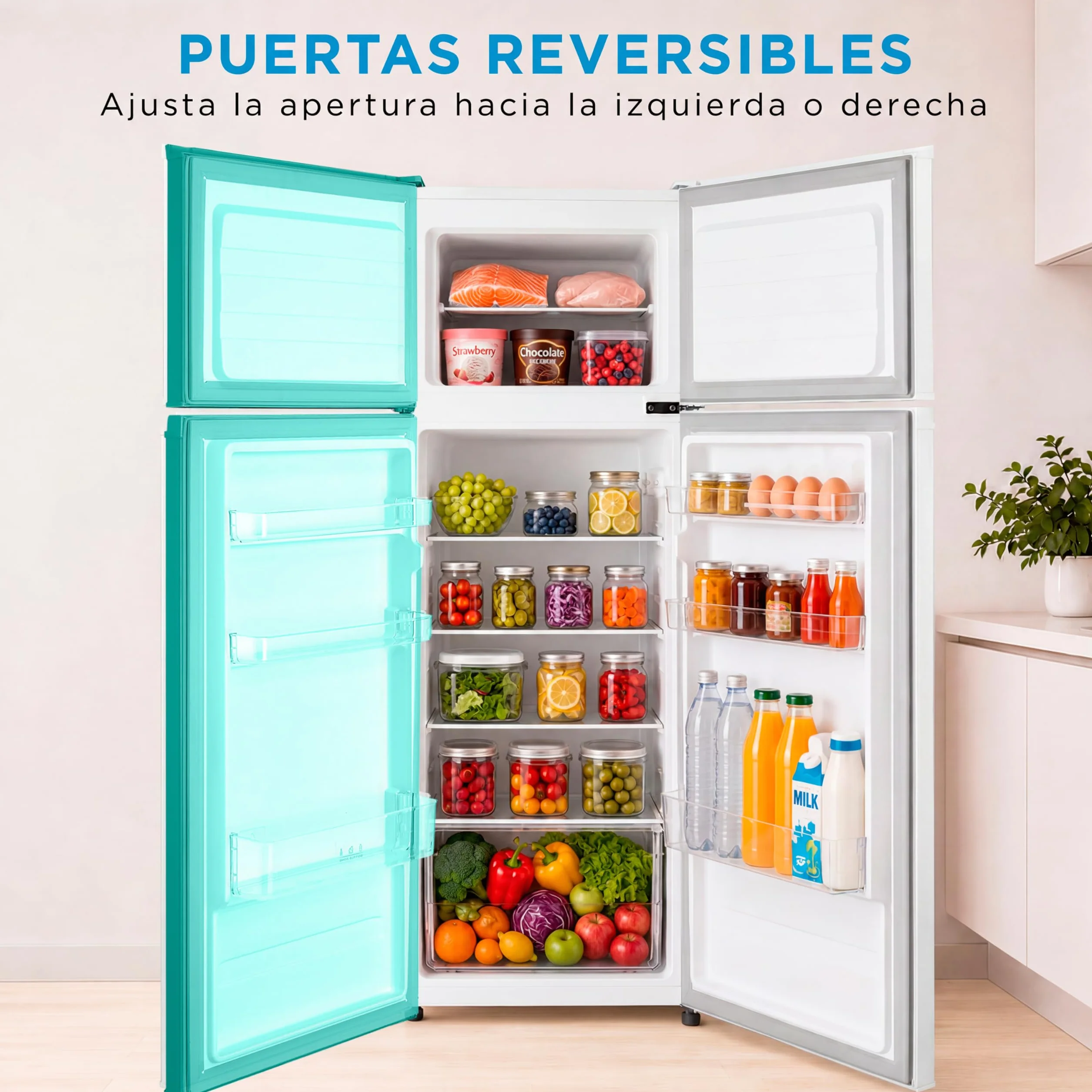 Midea Frigorífico 2 puertas 140 cm alto x 55 cm ancho, Blanco, Capacidad 204 L, Nevera Pequeña con Congelador Low Frost de Bajo Consumo, Puerta Reversible, Luz LED, Silencioso 40dB, Cajón de Frutas