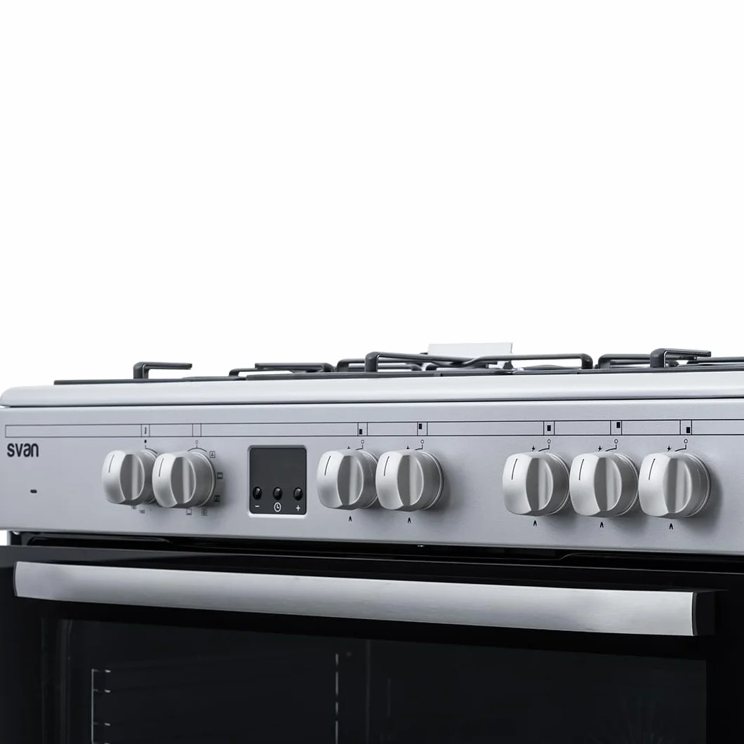 Svan Cocina Mixta gas Butano 5 Zonas de Cocción, Horno 97 L, Inox SKMW5901X. Control Manual, Quemador WOK triple llama, 9 Programas de Cocción, Tapa Abatible