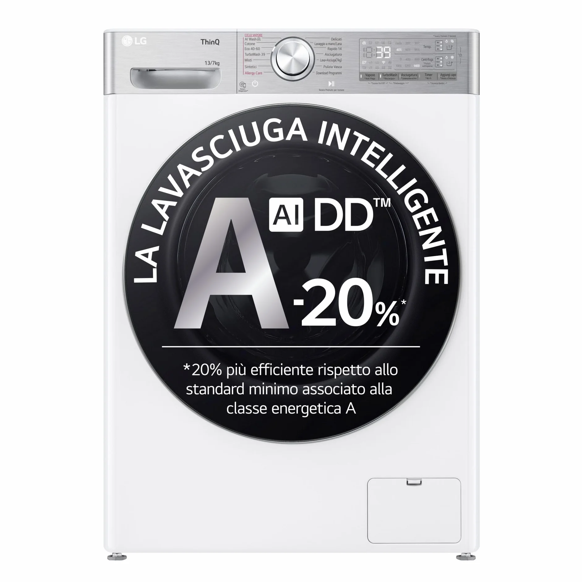 LG AI DD D4R9513TPWC Lavadora Secadora 13/7 kg Serie R9 Clase D Lavadora Secadora 1.400 RPM TurboWash 360 Vapor Steam+ y Antiarrugas, Dosificación Automática, Wi-Fi, Blanco