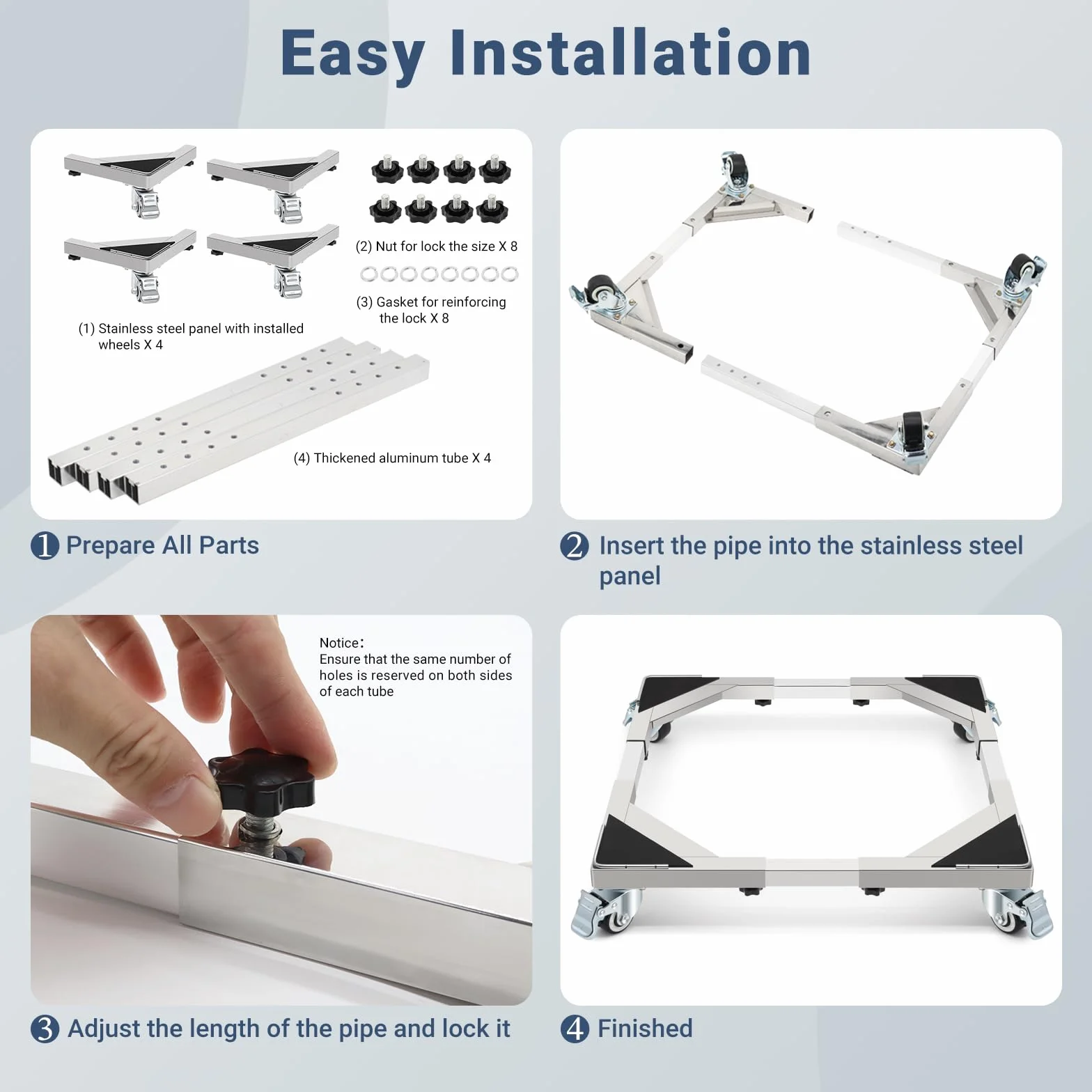 W B D WEIBIDA Acero Inoxidable Resistente Base para Lavadora con 4 Ruedas de Bloqueo, Capacidad 300KG Alta dureza Soporte Lavadora Secadora Ajustable de 54-72cm, Plataforma con Ruedas para Nevera