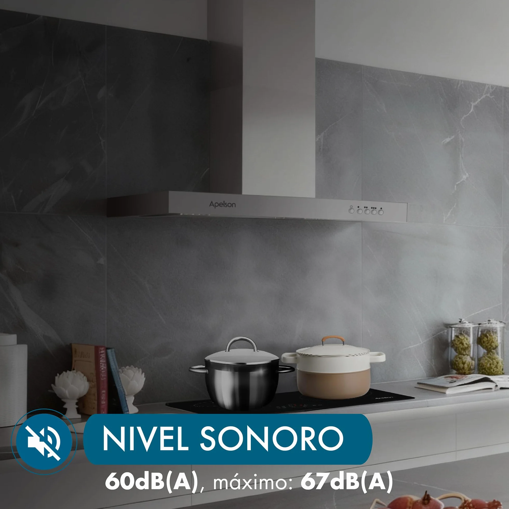 Apelson Campana extractora Cocina TALIA 601 X/A, 3 Niveles, Control Mecánico, Capacidad 301 m3/h, Silenciosa 60 dB, LED, Filtros Lavables, Consumo 67W Acero Inox