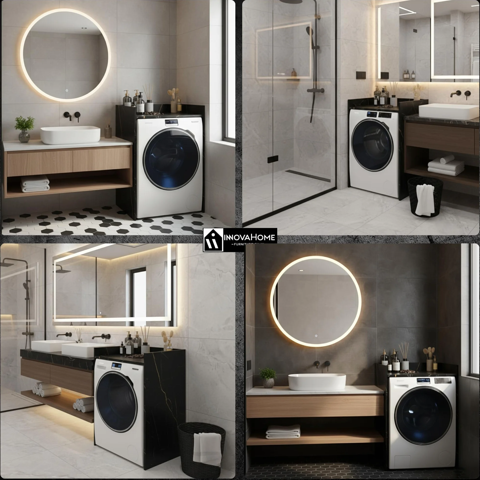 INNOVAHOME Armario para Lavadora Robusto 18mm - Mueble con Protección Antivibración, Borde Alto y Solución de Almacenaje para Lavadero, 66x97x62cm, San Sebastián