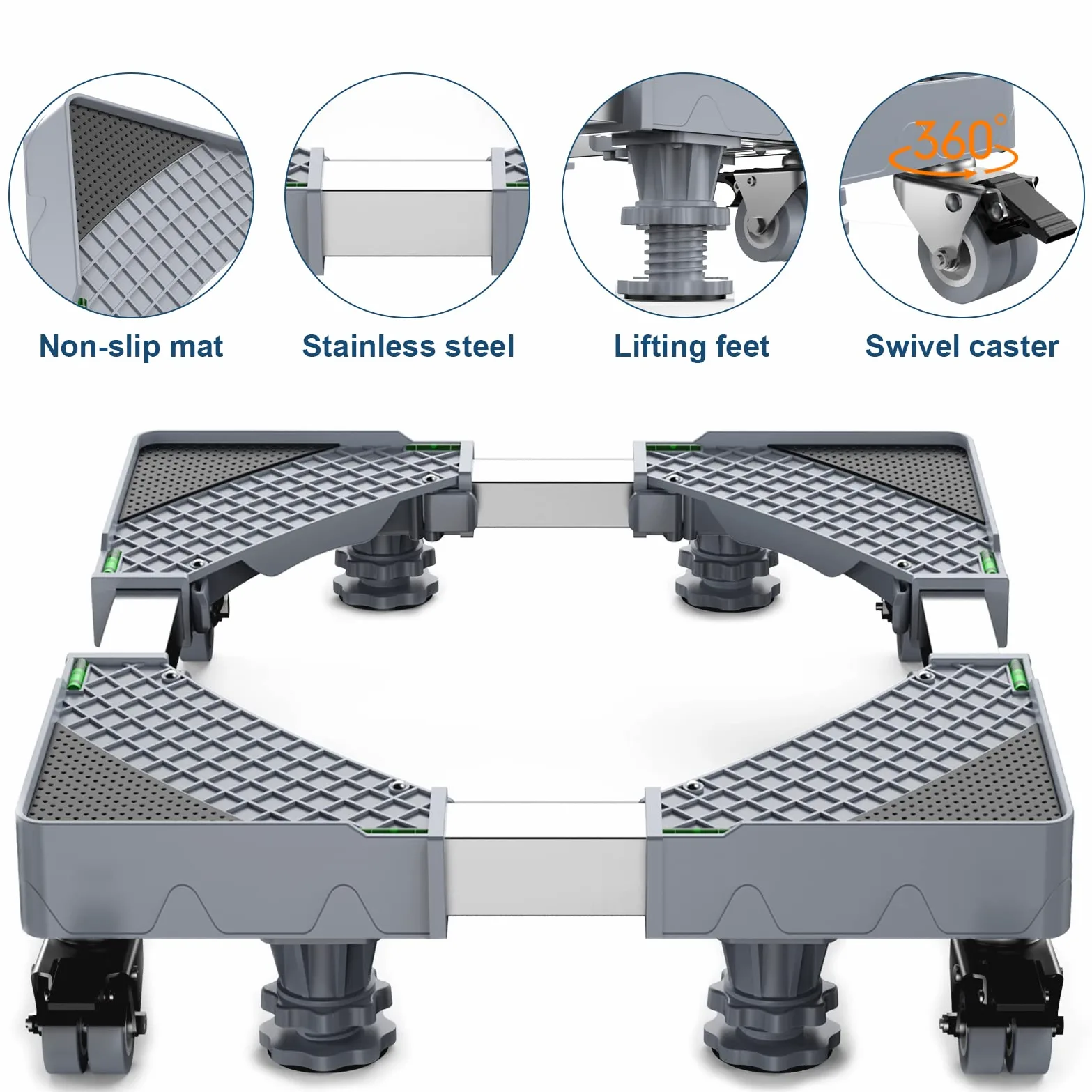 Soporte móvil para refrigerador mejorado con 8 ruedas de bloqueo y 4 pies fuertes HQO LOVL de 27.5 a 35.4 pulgadas, soporte ajustable para lavadora, secadora, lavadora, pedestal, soporte para