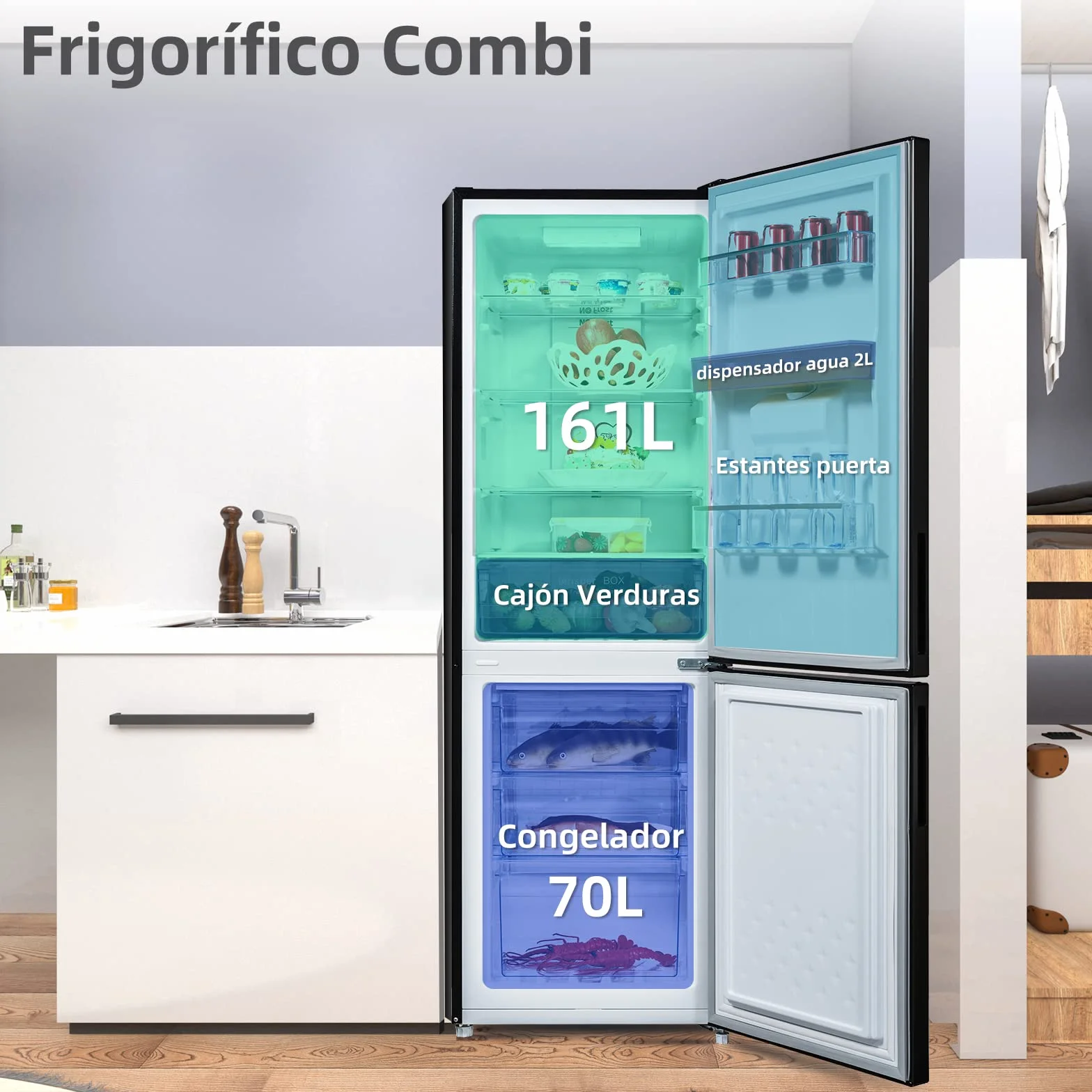 CHiQ FBM228NE4DE No Frost Combi Refrigerator 231 L, flujo de aire múltiple, dispensador de agua, 170 cm
